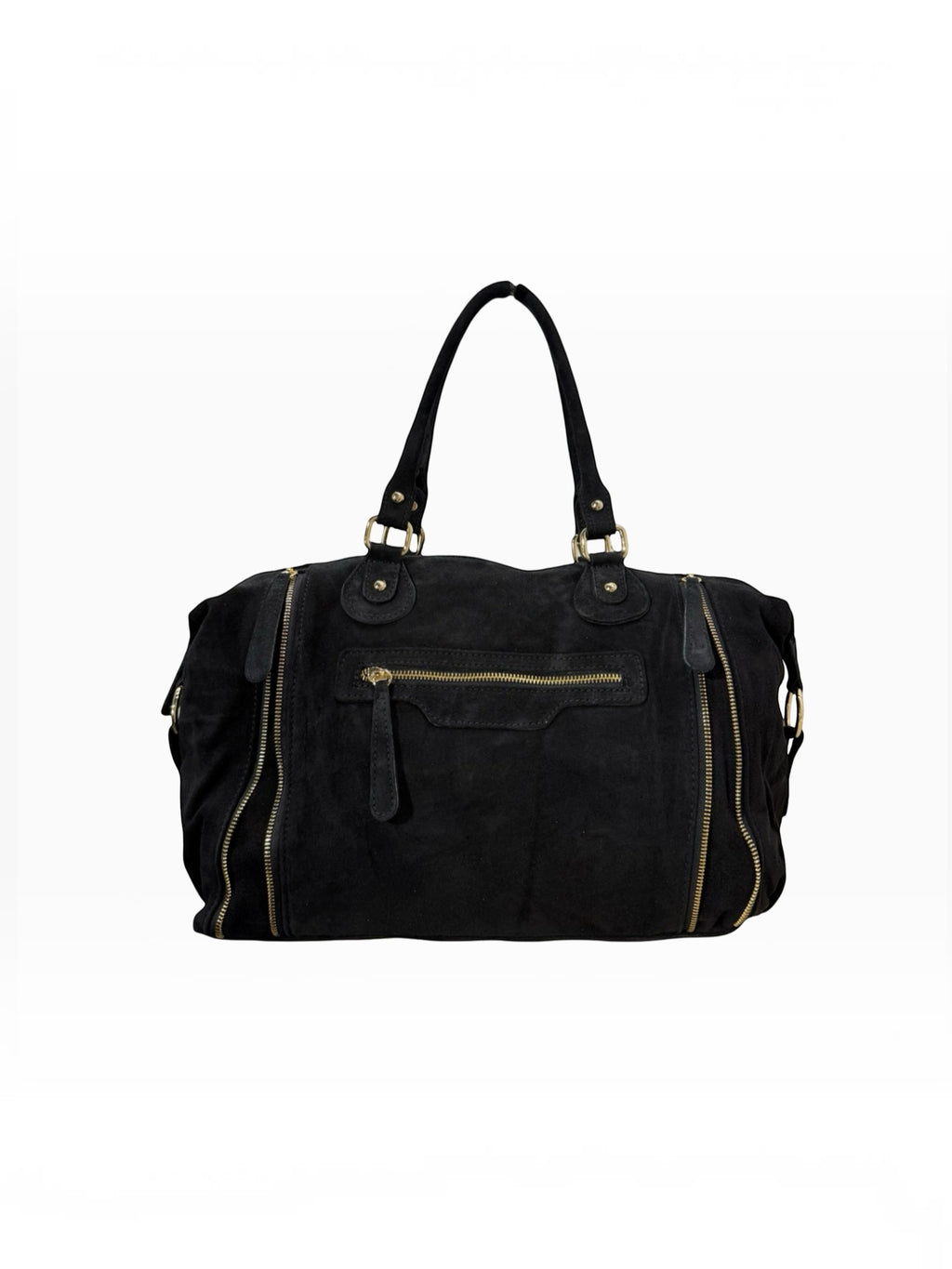 Sac à main  LOUISA LEE Big Gabrielle en cuir suède noir avec fermetures éclair dorées et bandoulière amovible.
