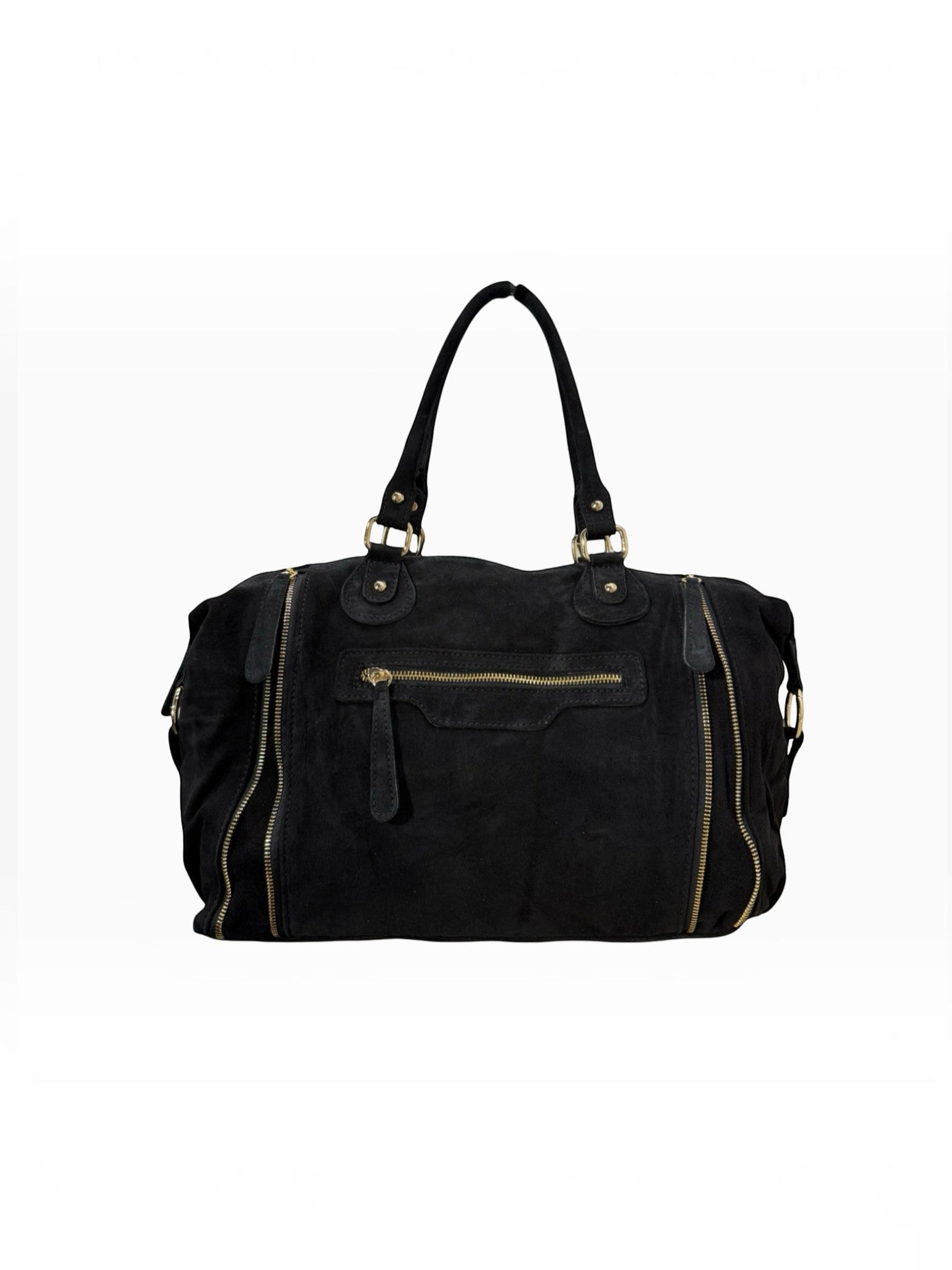 Sac à main  LOUISA LEE Big Gabrielle en cuir suède noir avec fermetures éclair dorées et bandoulière amovible.
