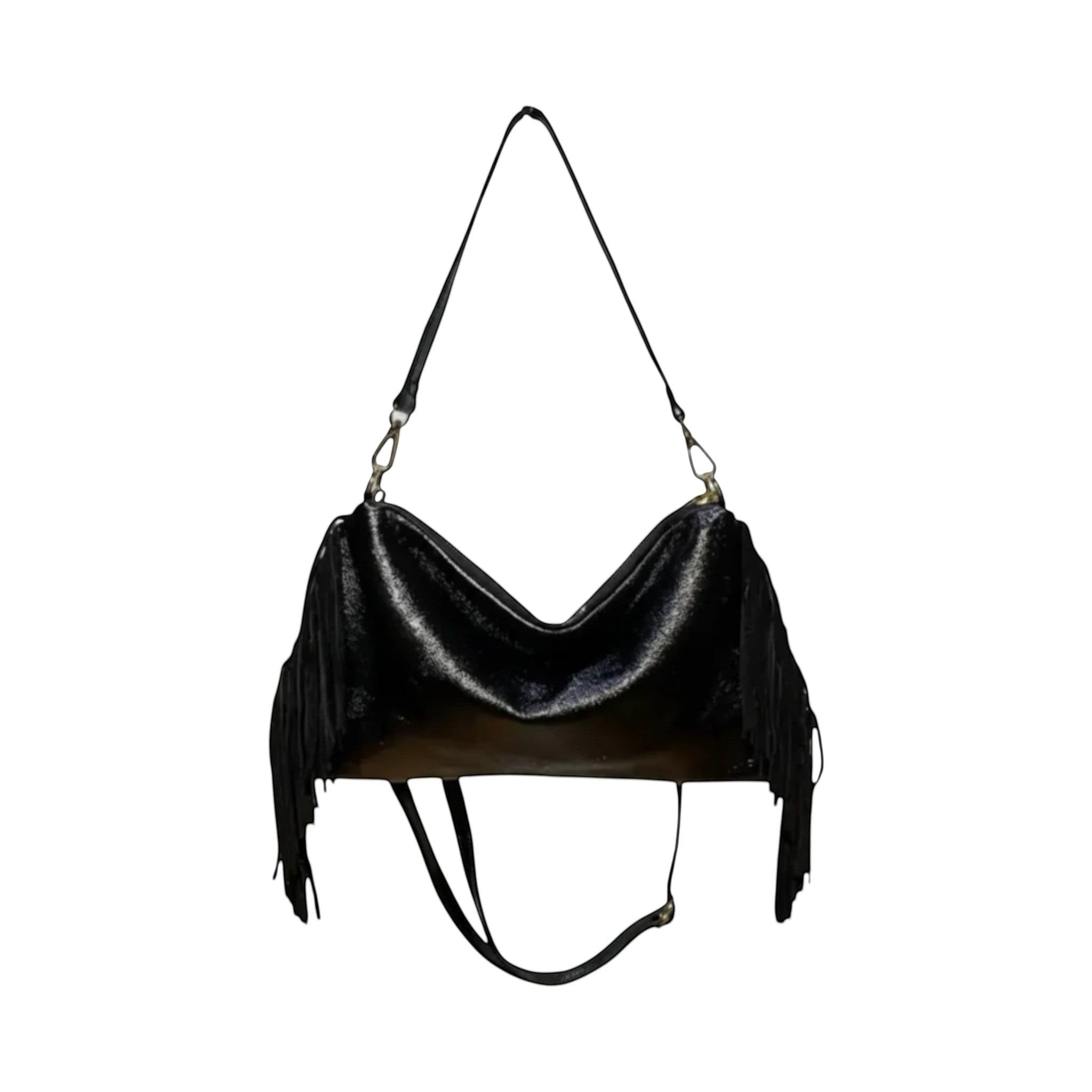 Sac à franges en cuir noir irisé LOUISA LEE, fabrication italienne, style bohème chic.