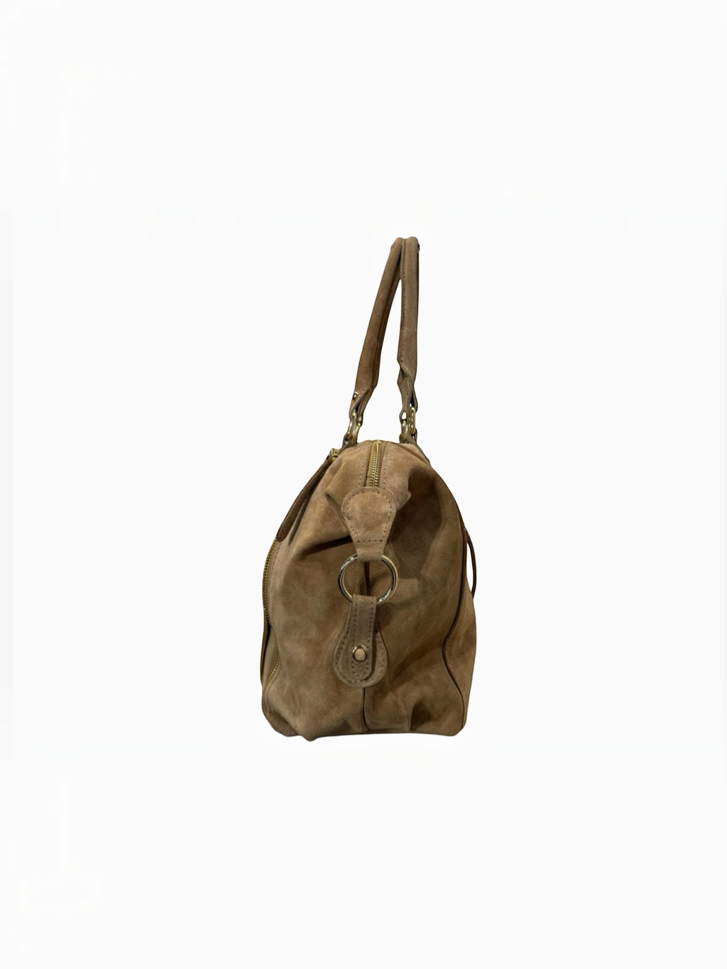 Sac à main LOUISA LEE Big Gabrielle en cuir suède beige, vue de profil avec anses et détails métalliques dorés