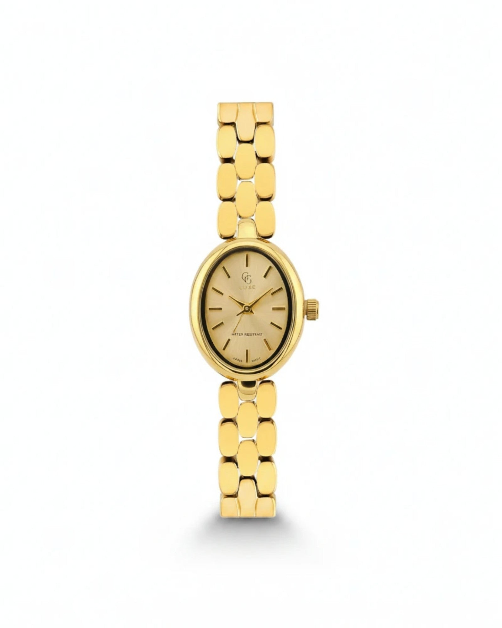 Montre Eve GG LUXE dorée, boîtier ovale, cadran épuré avec index dorés et bracelet à maillons polis.