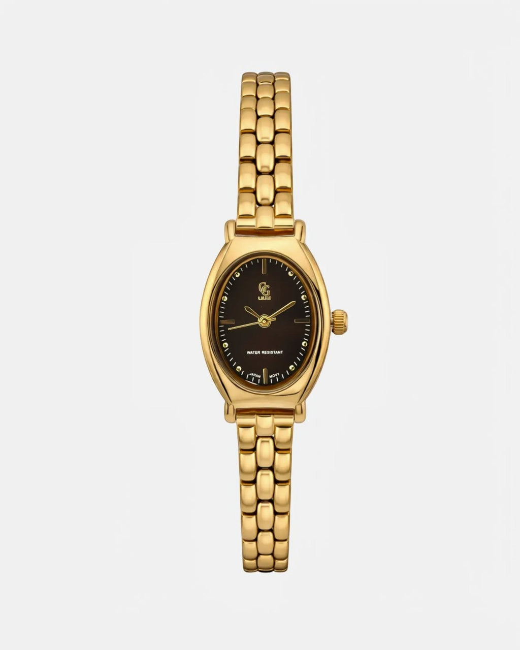 Montre  femme bracelet métal doré, cadran ovale noir, élégante et classique, résistante à l'eau.
