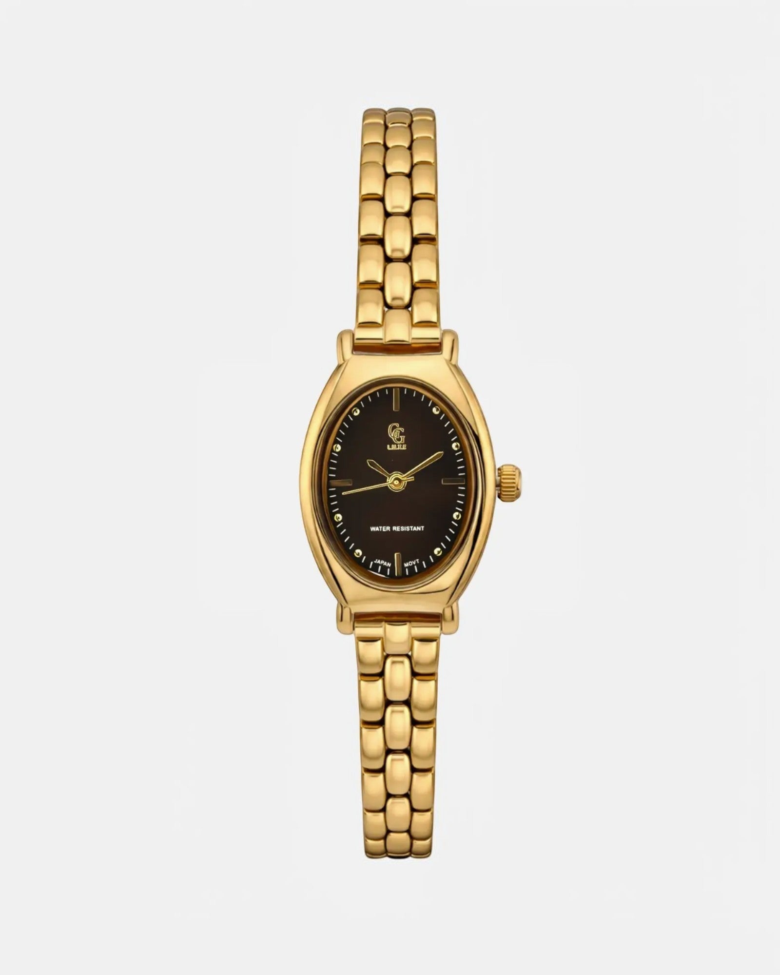 Montre  femme bracelet métal doré, cadran ovale noir, élégante et classique, résistante à l'eau.