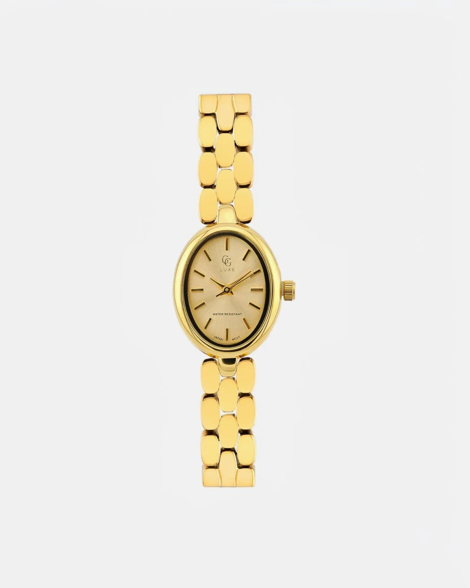 Montre Eve GG LUXE WATCH ovale dorée avec bracelet à maillons polis et cadran épuré