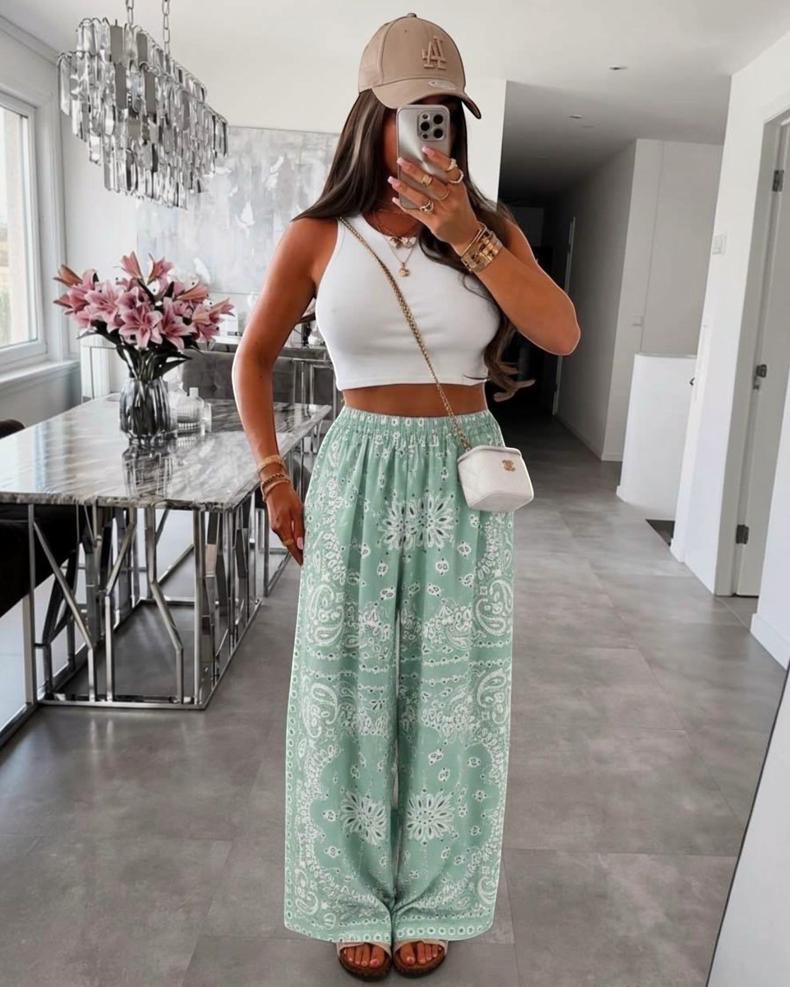 BROCK Pantalon large vert menthe imprimé bandana en viscose, taille élastique, coupe fluide.