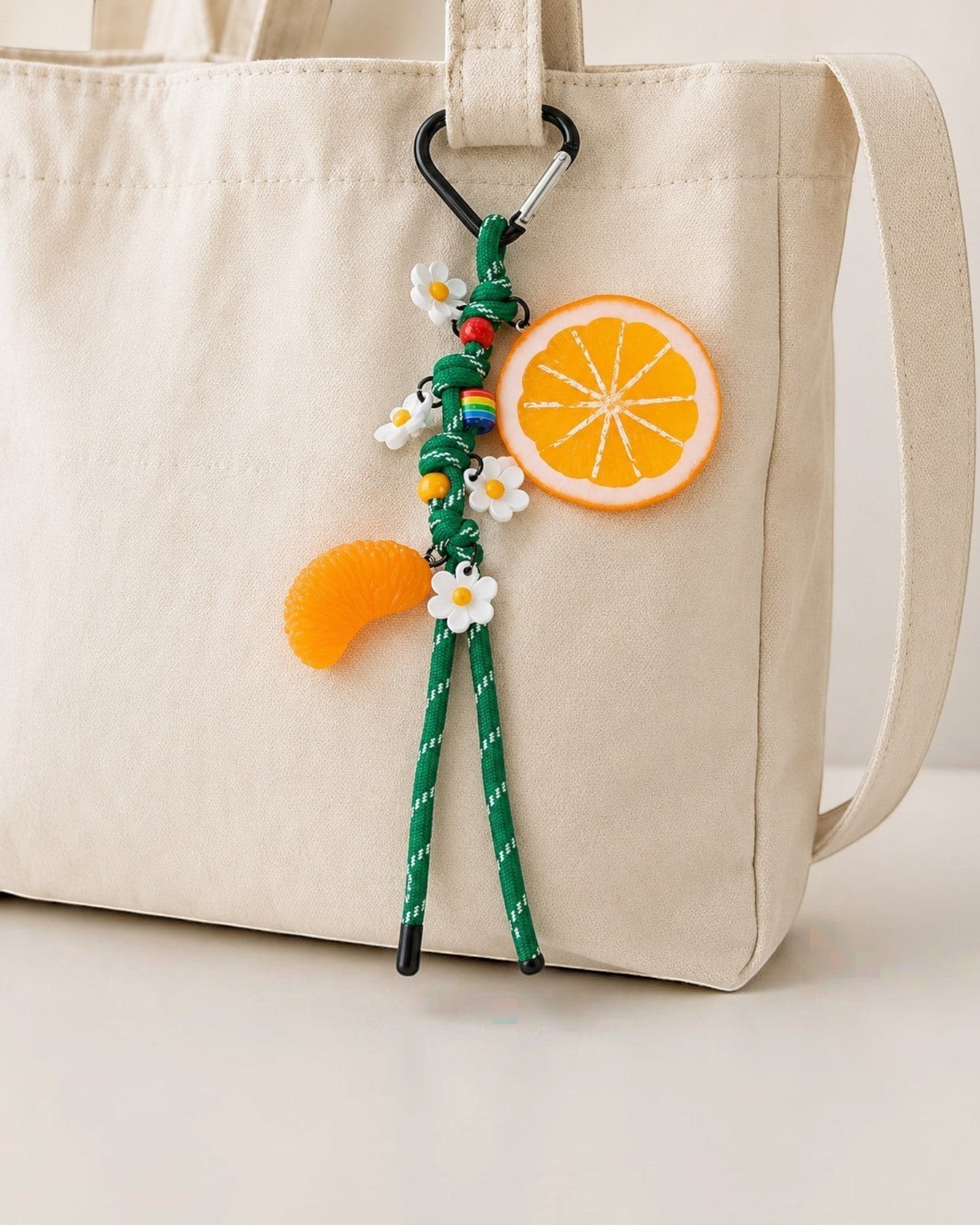 Porte-clés fantaisie  avec breloques orange, fleurs blanches, arc-en-ciel et perles sur cordon vert.