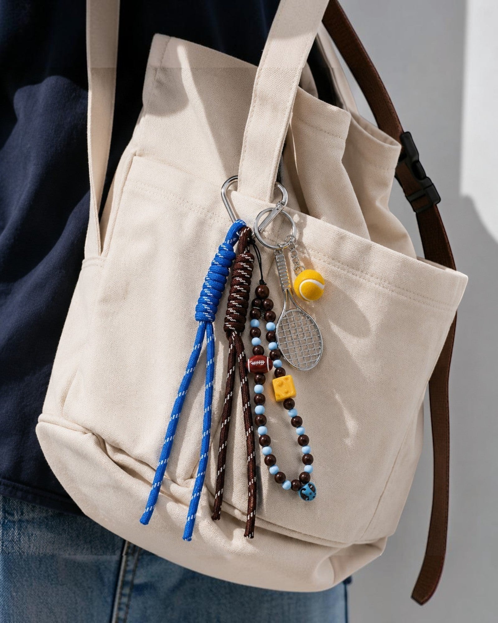 Porte-clés fantaisie  avec breloques sportives : raquette, balle de tennis, ballon de football, perles bleues et marron.