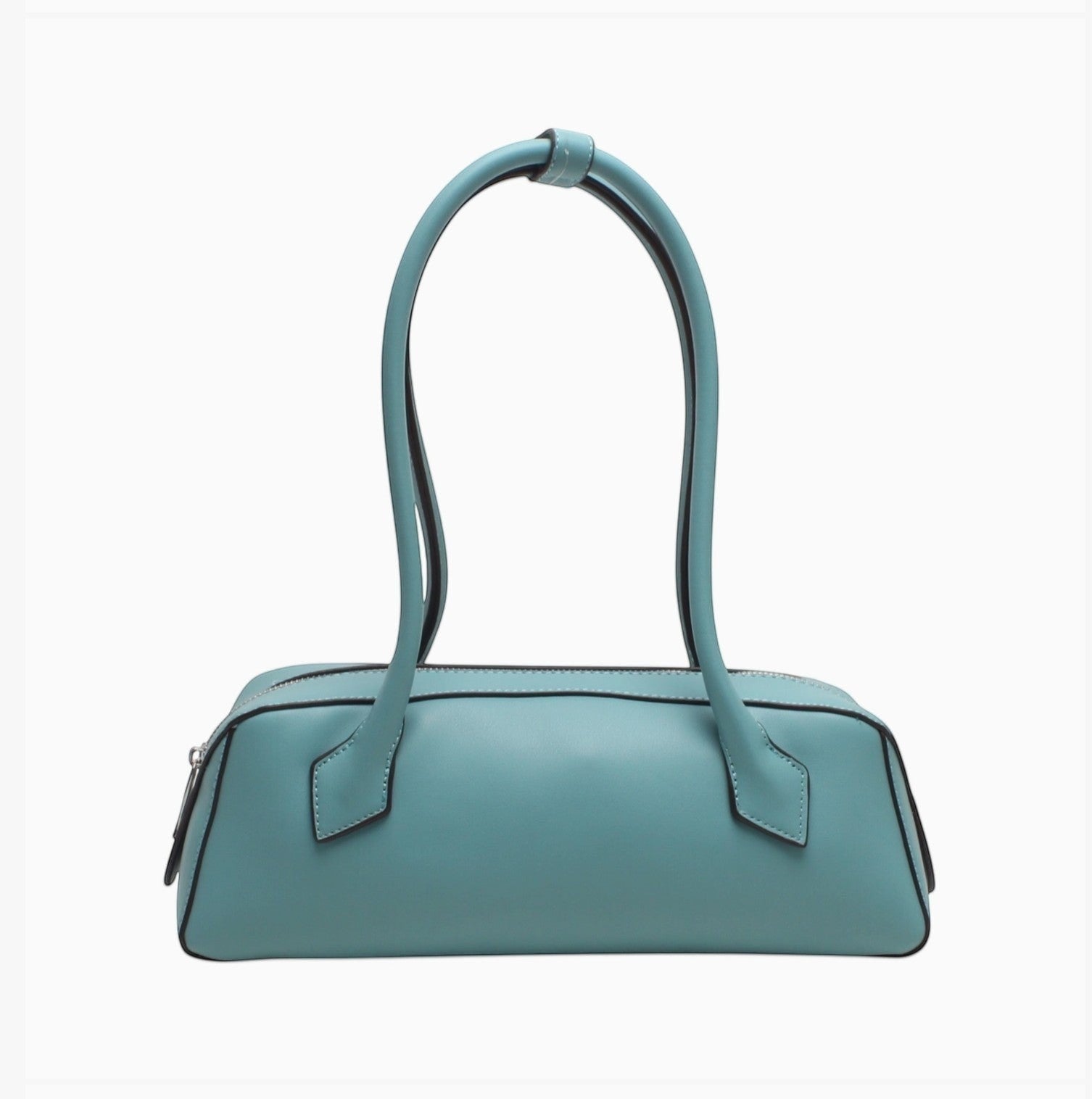 Sac baguette bleu clair BESTINI en cuir avec fermeture zippée et anses incurvées.