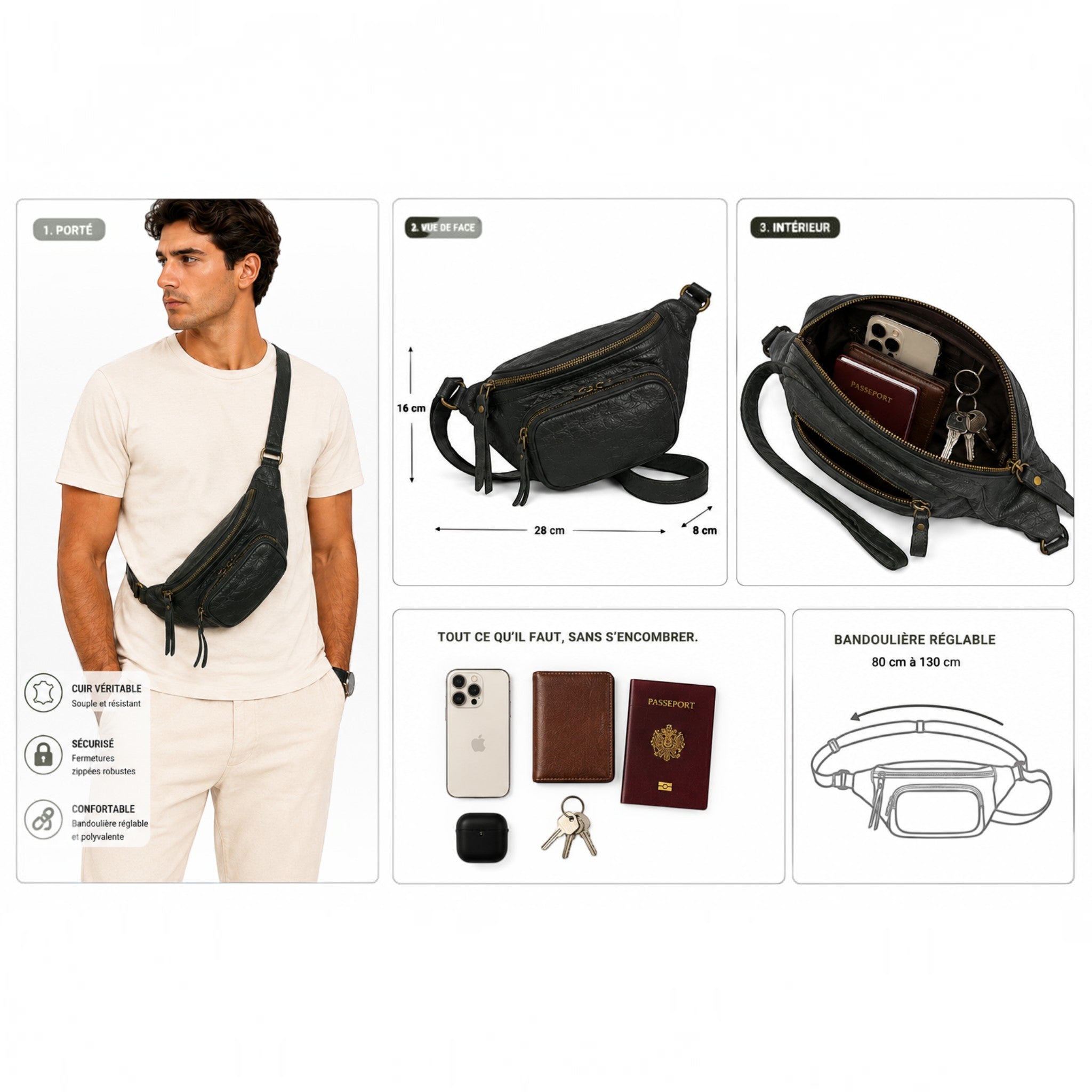 Sac banane en cuir grainé vert foncé avec bandoulière réglable et multiples compartiments zippés.