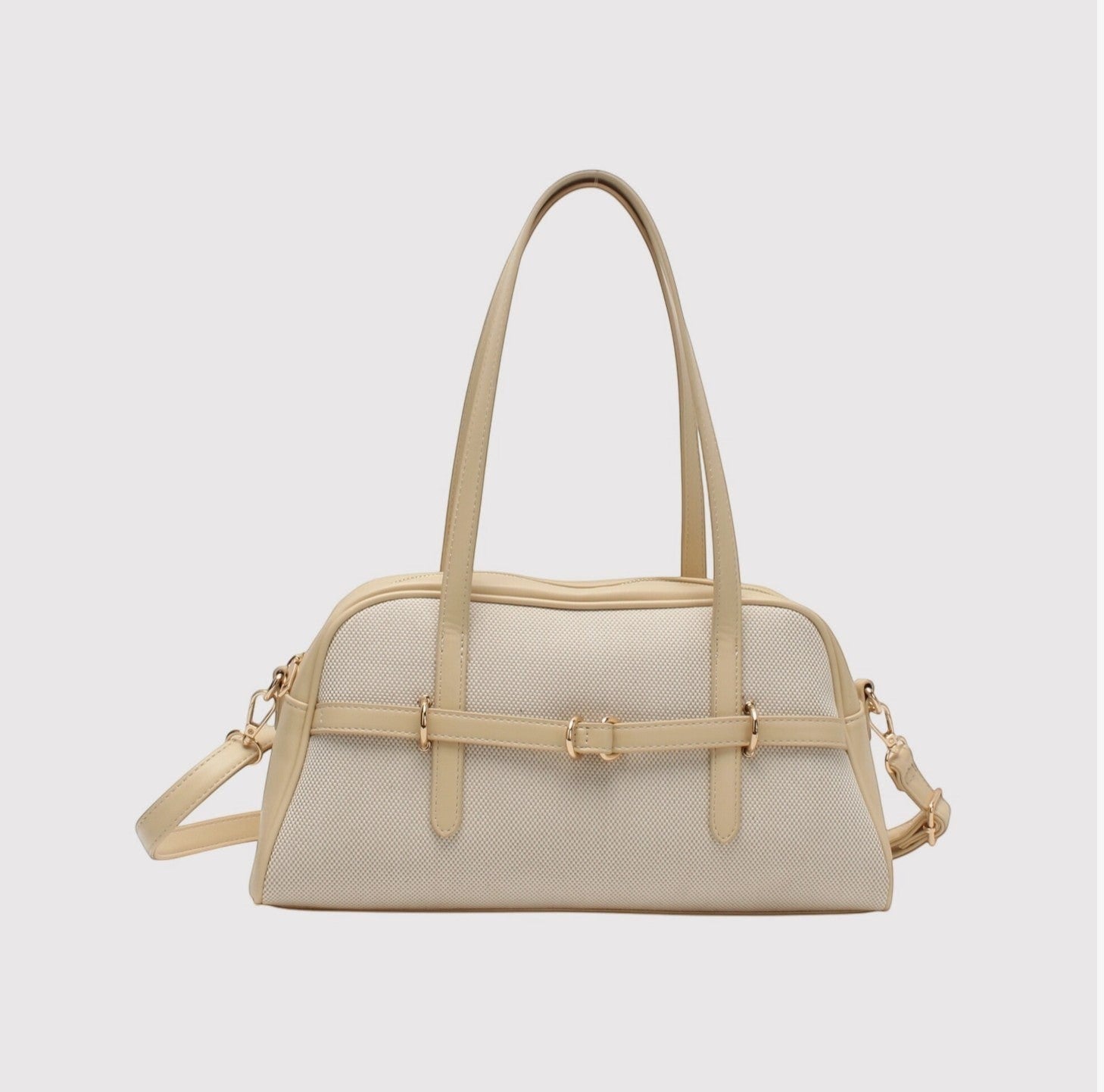 Sac bandoulière long beige BESTINI avec boucle décorative dorée et anses en cuir