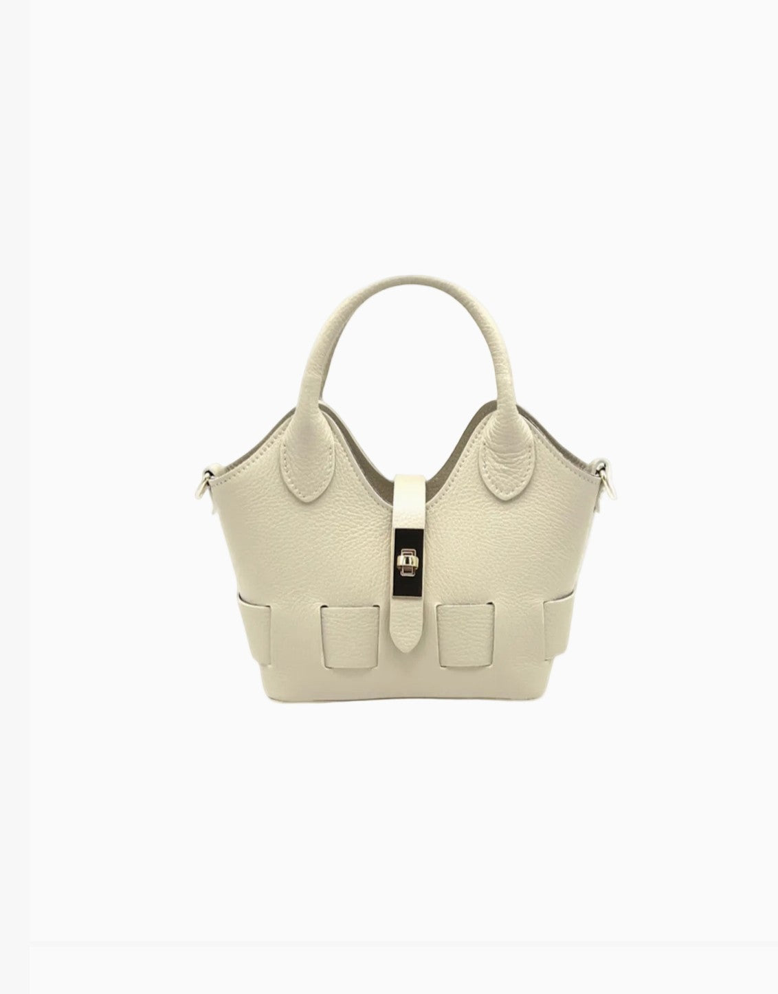 Sac bandoulière SUIE VALENTINI en cuir beige grainé, fabriqué à la main en Italie avec fermoir métallique.