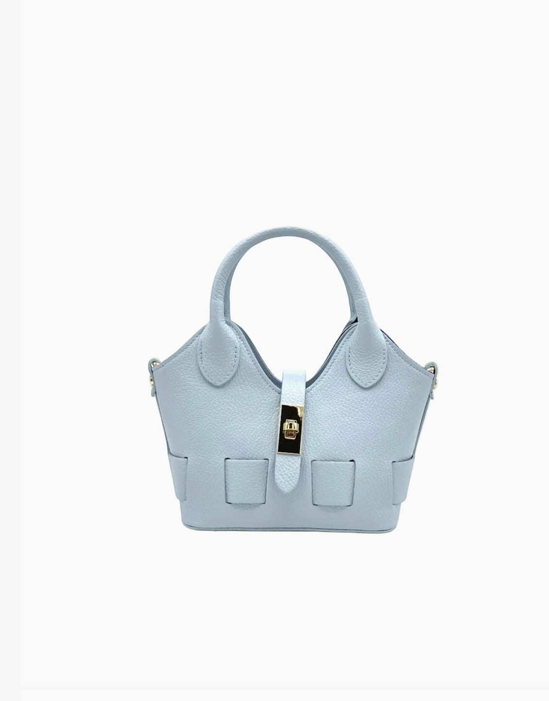 Petit sac bandoulièreSUIE VALENTINI en cuir bleu ciel grainé avec fermoir doré, fabriqué à la main en Italie.