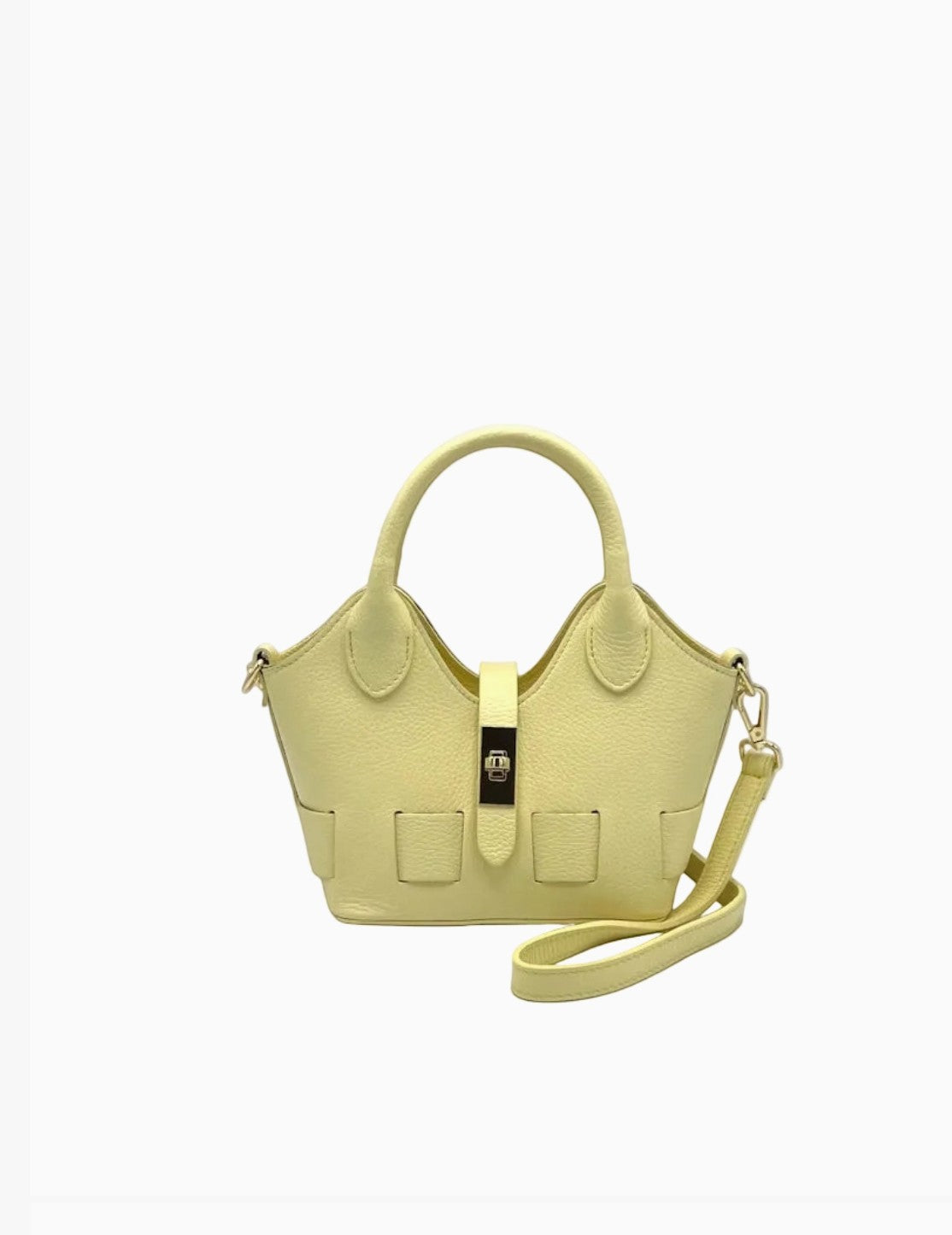 Petit sac bandoulière SUIE VALENTINI en cuir jaune pâle, fabriqué à la main en Italie avec bandoulière amovible.
