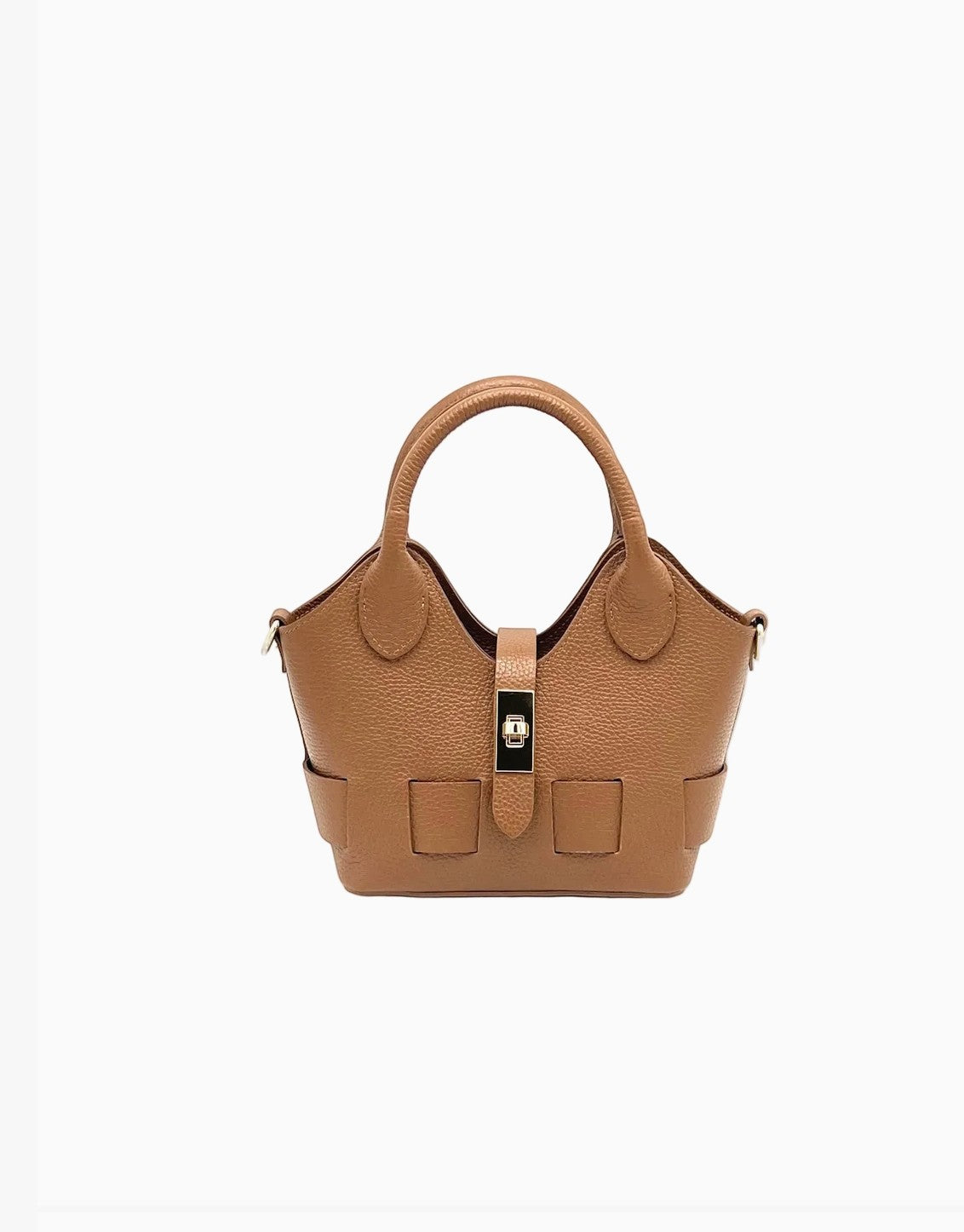Petit sac bandoulière  SUIE VALENTINI en cuir grainé marron, fabriqué à la main en Italie avec fermoir doré.