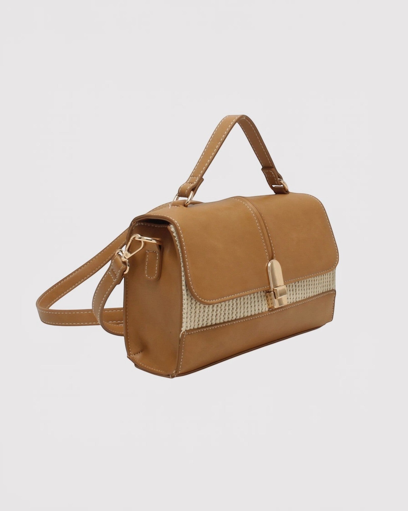 Sac bandoulière BROCK en cuir marron et tissu beige, fermoir doré, anse et bandoulière réglable.