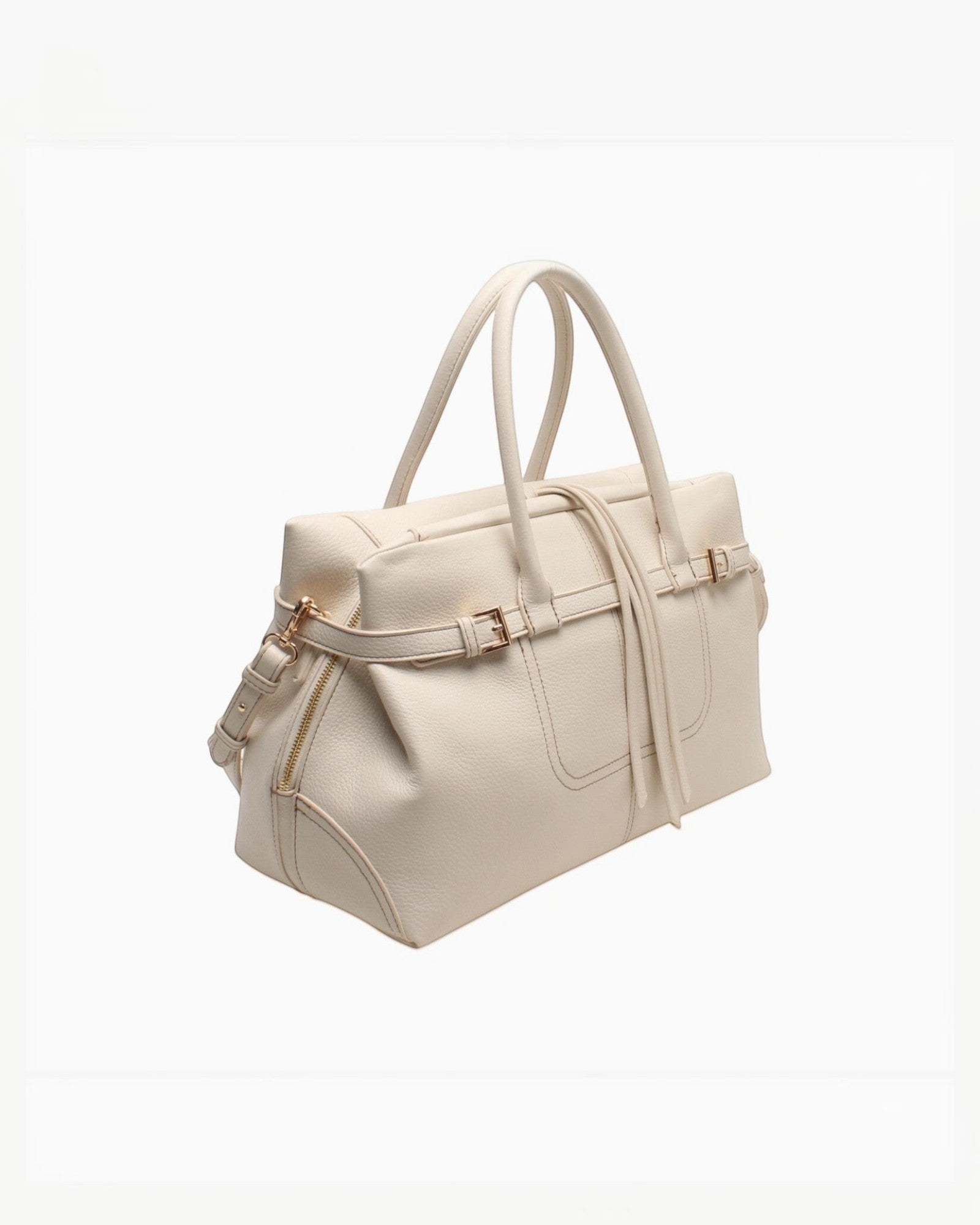 Sac cabas bandoulière beige en cuir grainé BESTINI avec serrage décoratif et fermeture zippée.
