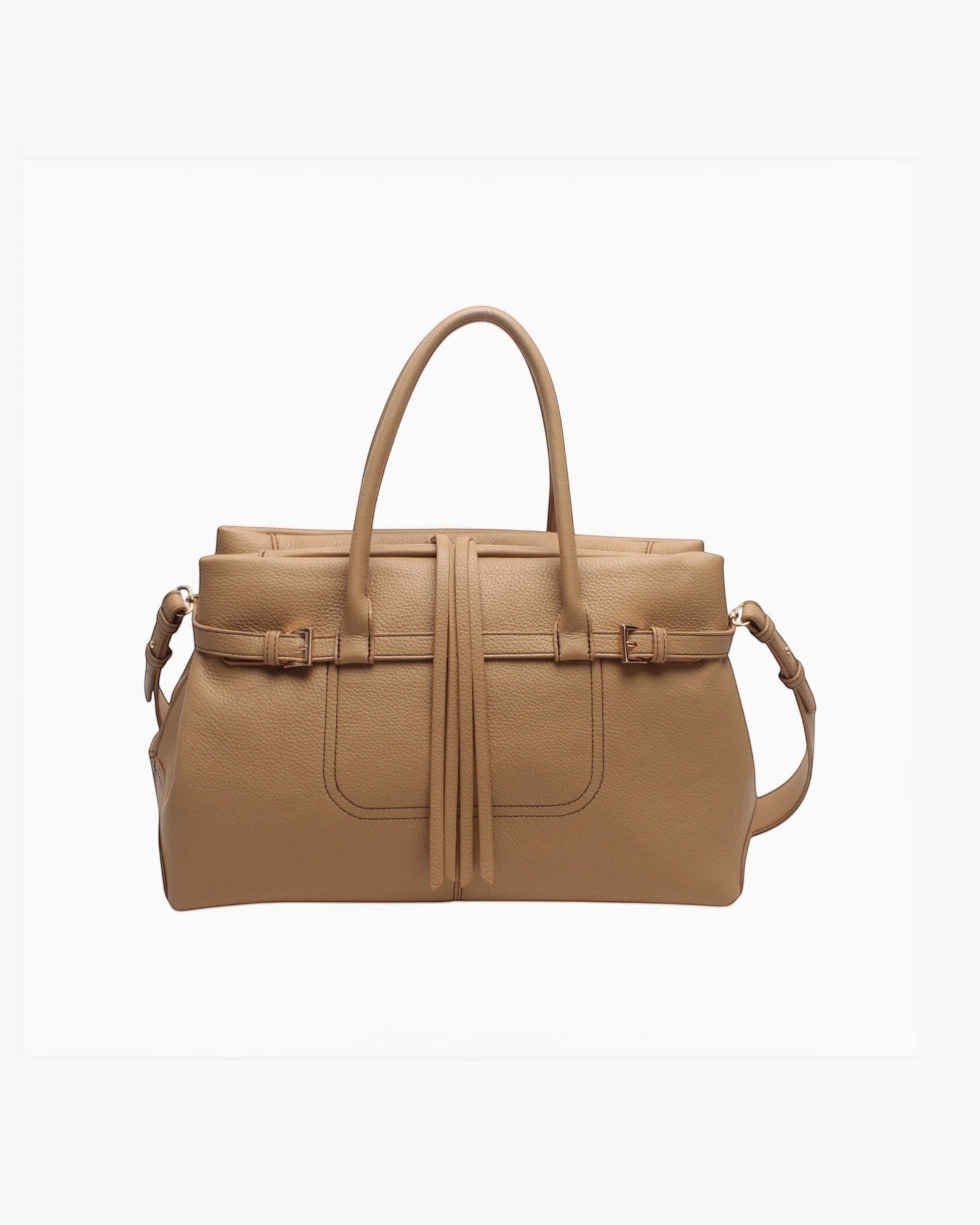 Sac cabas bandoulière en cuir grainé taupe BESTINI avec serrage décoratif zippé et anses.