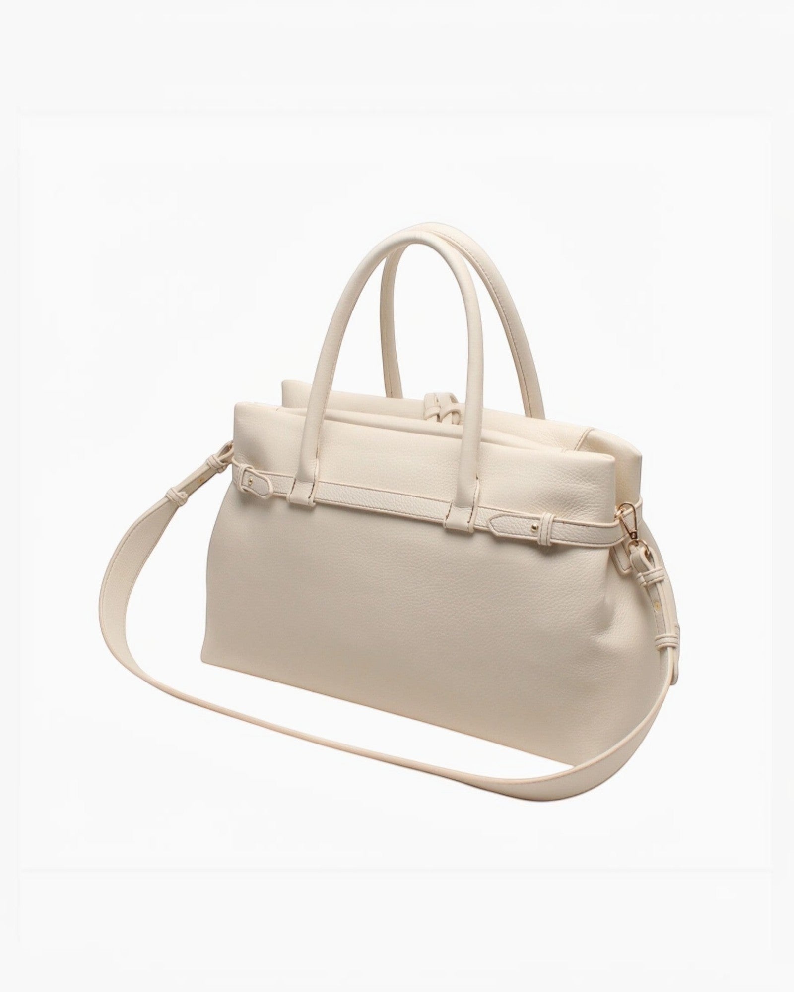 Sac cabas beige en cuir grainé BESTINI avec bandoulière réglable et anse, fermeture zippée et détails de serrage.