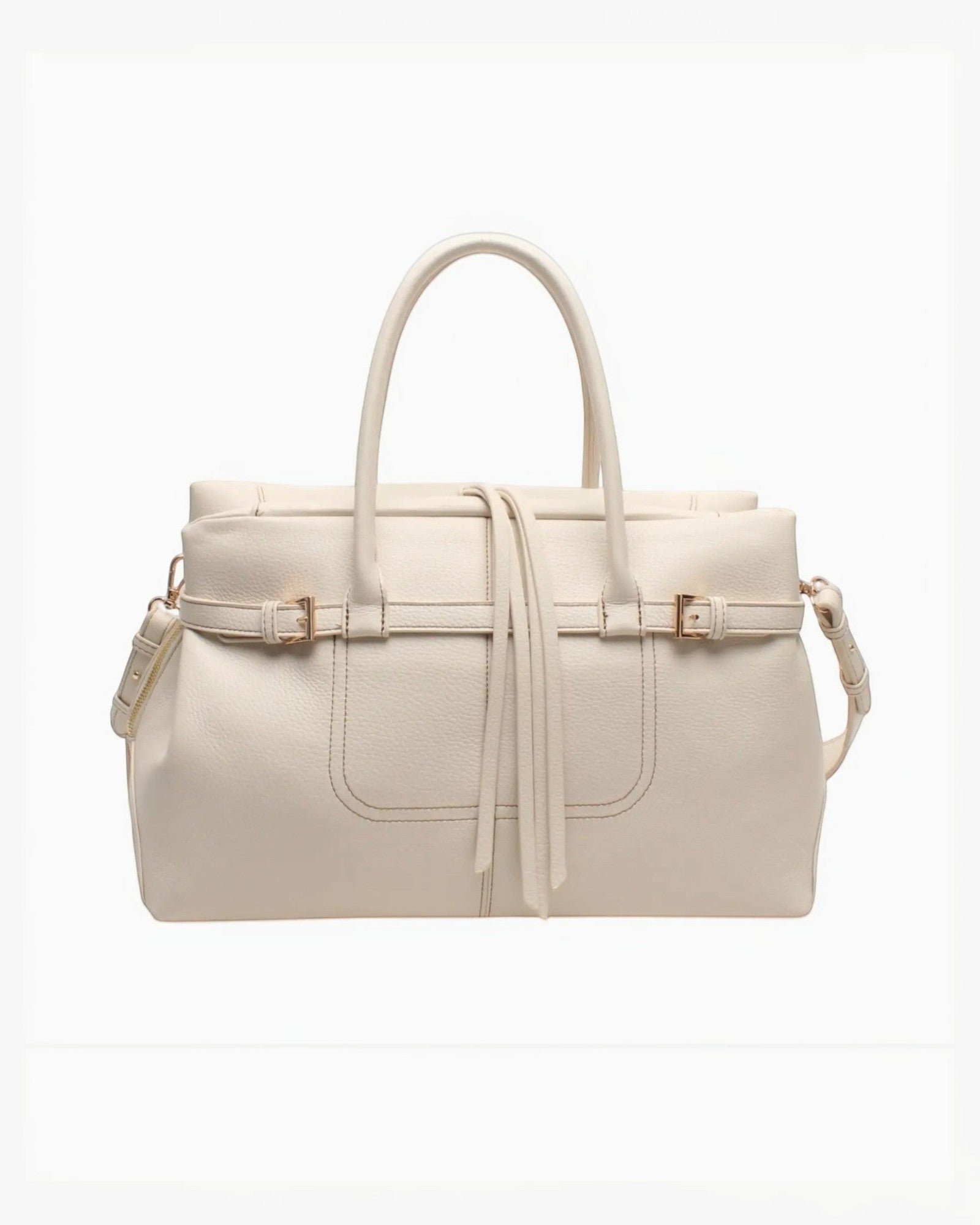 Sac cabas beige en cuir grainé BESTINI avec anse, bandoulière et détail de serrage décoratif zippé.