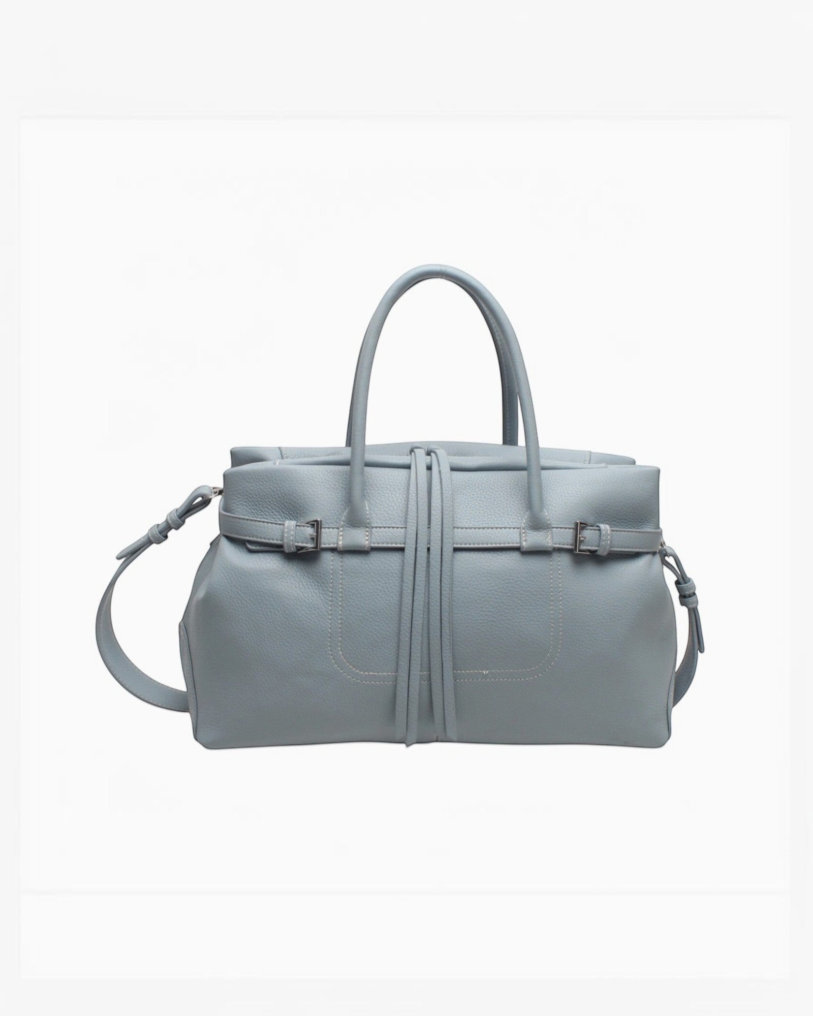 Sac cabas bleu clair BESTINI en cuir grainé avec serrage décoratif et bandoulière amovible.