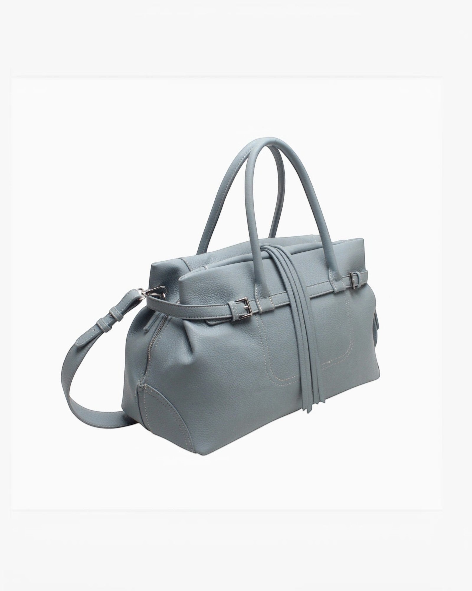 Sac cabas bleu clair en cuir grainé BESTINI avec bandoulière, anse et serrage décoratif zippé.