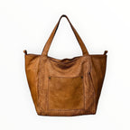 Sac cabas  LOUISA LEE Mariana en cuir de vachette tressé washed marron, fabriqué en Italie, grand format.