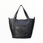 Sac cabas  Mariana par LOUISA LEE en cuir de vachette noir tressé washed avec poche frontale, fabriqué en Italie
