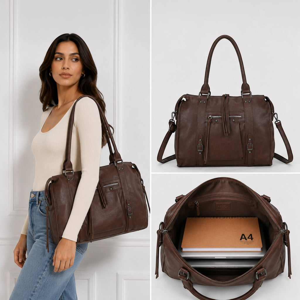 Sac cabas marron BROCK GALLANTRY en simili cuir mat avec anses, bandoulière et détails zippés pour femme.