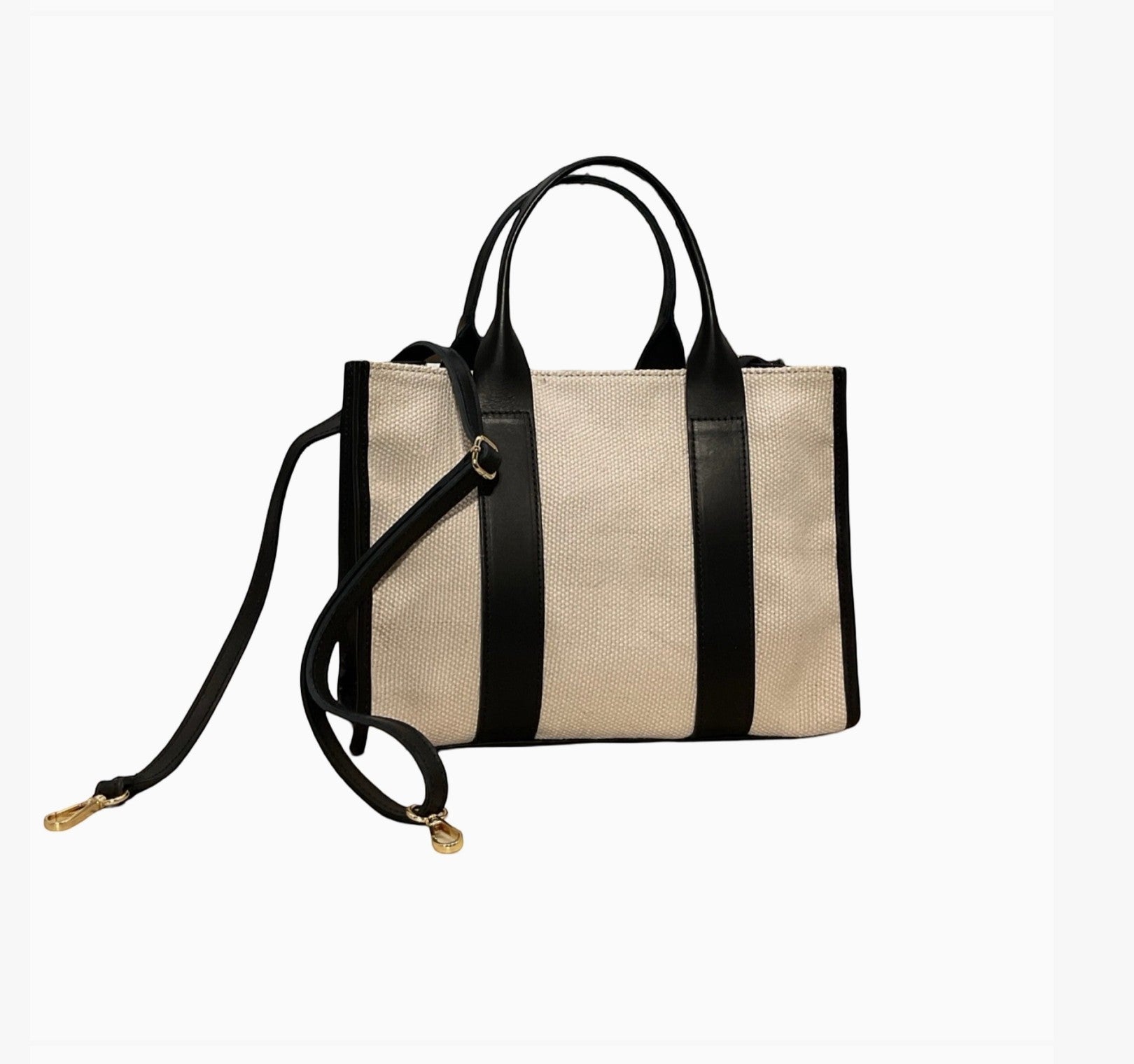 Sac cabas BROCK LOUISA LEE en toile de lin beige et cuir de vachette noir, fabriqué à la main en Italie.