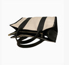 Grand sac cabas LOUISA LEE en toile de lin beige et cuir de vachette noir, fabriqué à la main en Italie.