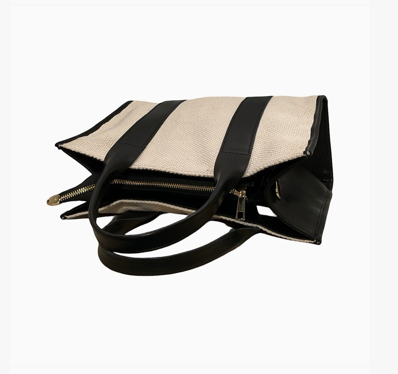 Grand sac cabas LOUISA LEE en toile de lin beige et cuir de vachette noir, fabriqué à la main en Italie.