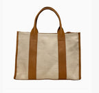 Sac cabas LOUISA LEE en toile de lin beige et cuir de vachette marron, fabriqué à la main en Italie.