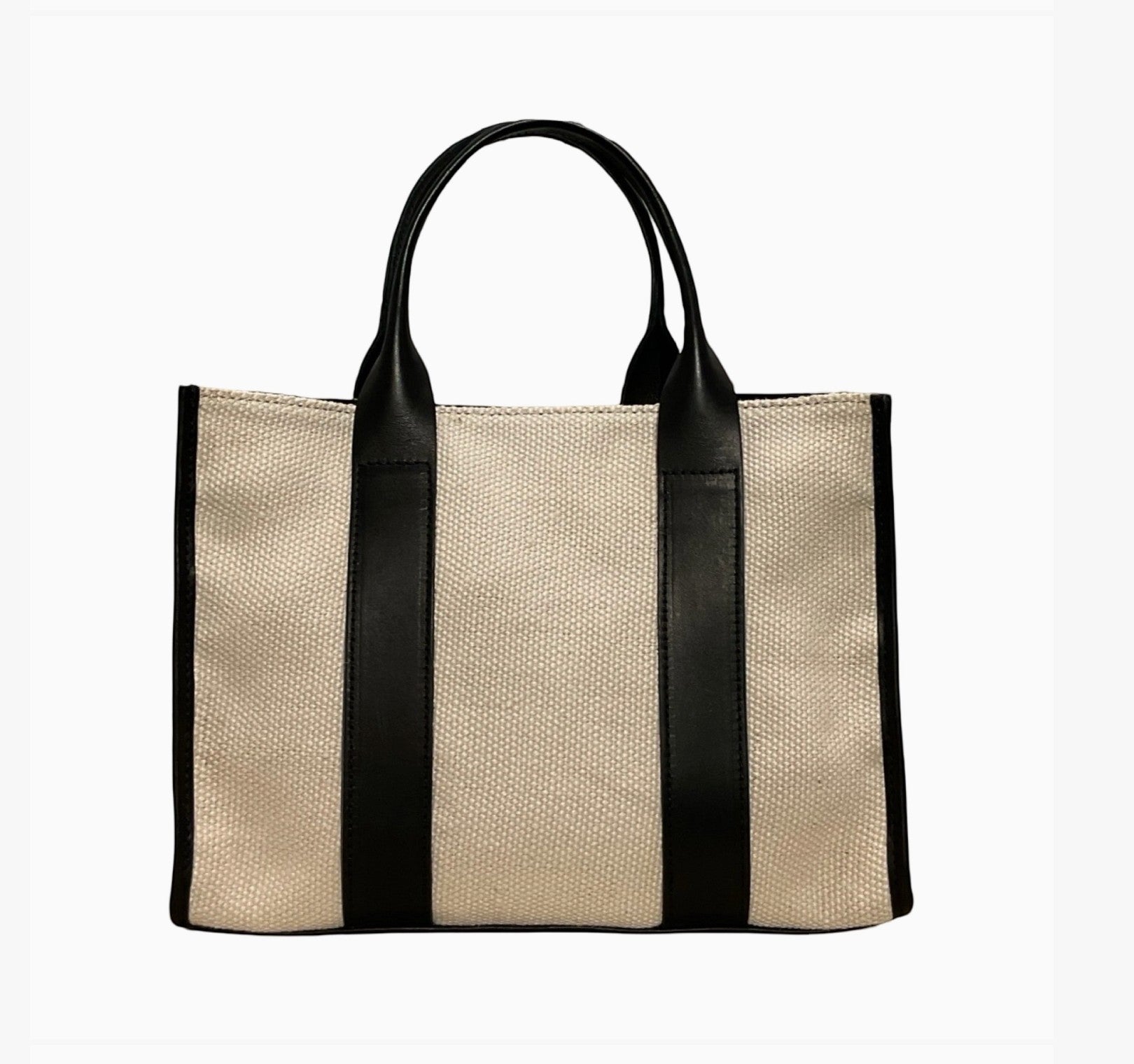 Grand sac cabas LOUISA LEE en toile de lin beige et cuir de vachette noir, fabriqué à la main en Italie.