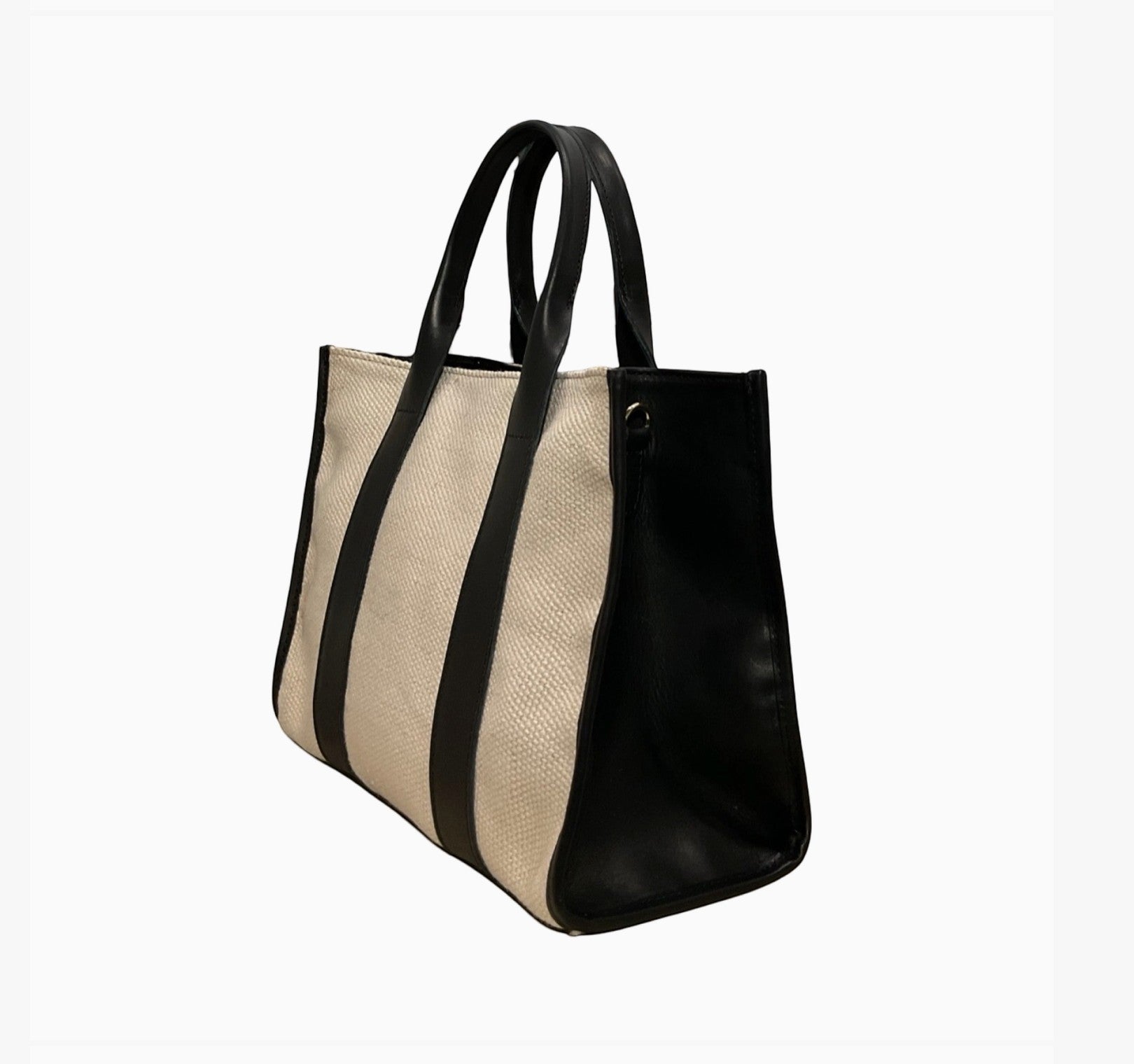 Grand sac cabas  LOUISA LEE en toile de lin beige et cuir de vachette noir, fabriqué à la main en Italie.