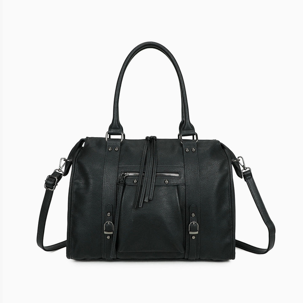 Grand sac cabas noir GALLANTRY en simili cuir mat avec anses, bandoulière et détails métalliques élégants.