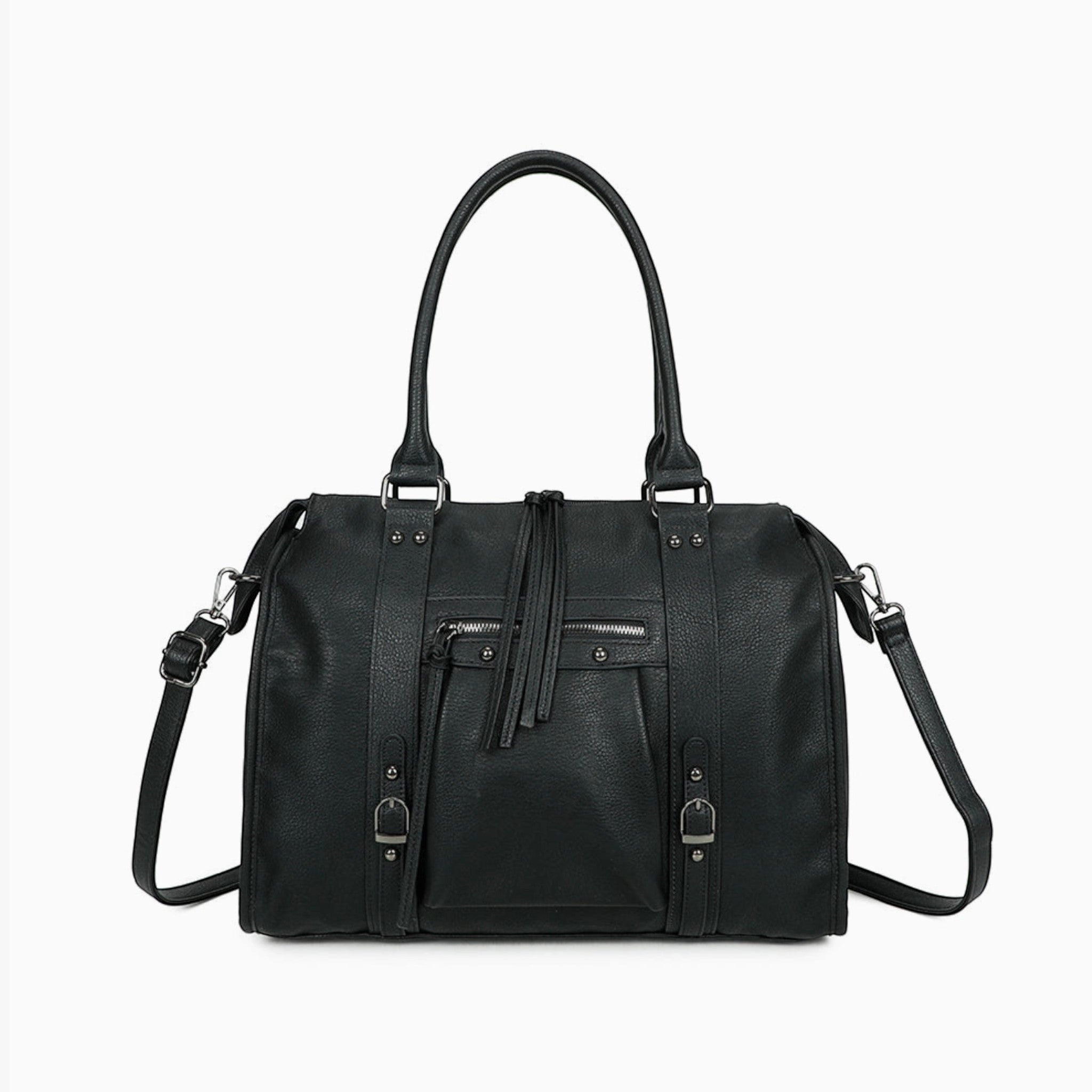Grand sac cabas noir GALLANTRY en simili cuir mat avec anses, bandoulière et détails métalliques élégants.