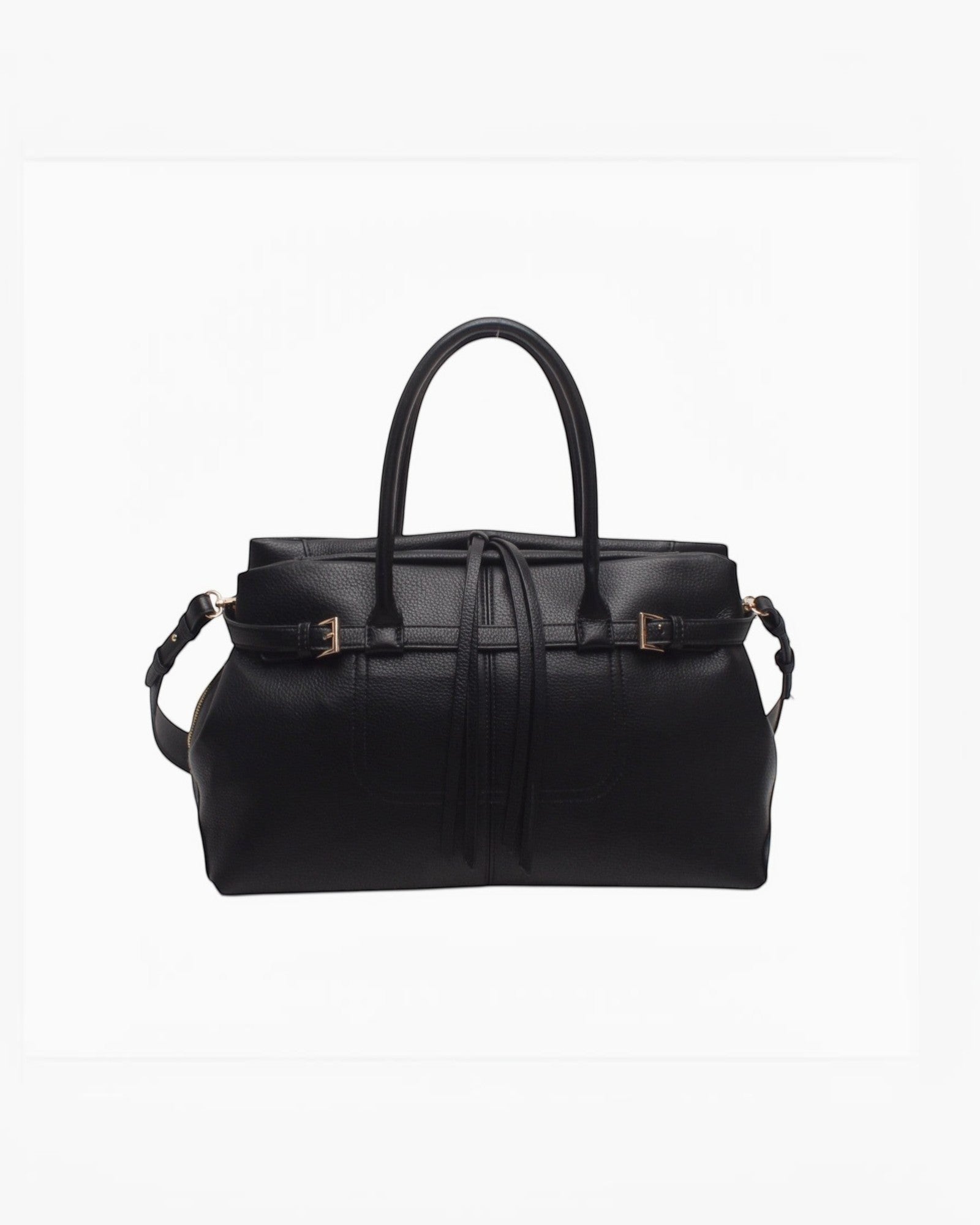 Sac cabas noir BESTINI en cuir grainé avec serrage décoratif zippé et bandoulière réglable. Style chic et fonctionnel.