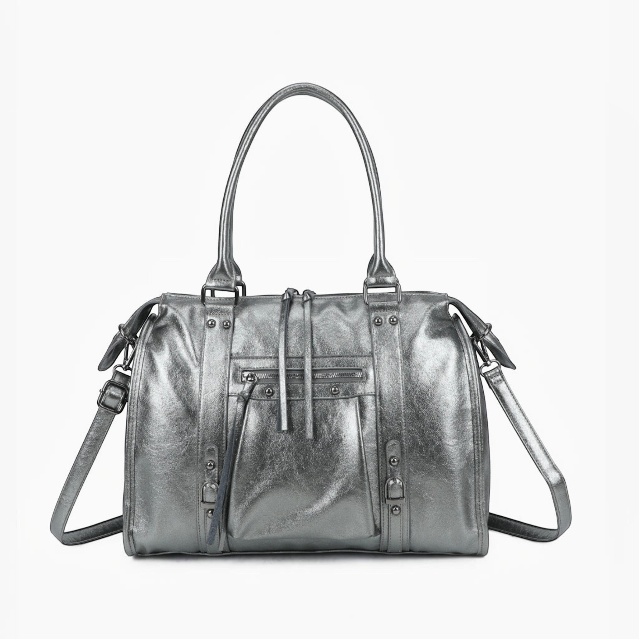 Sac de cours  GALLANTRY argenté en simili cuir, format A4 avec bandoulière et finitions métallisées zippées.