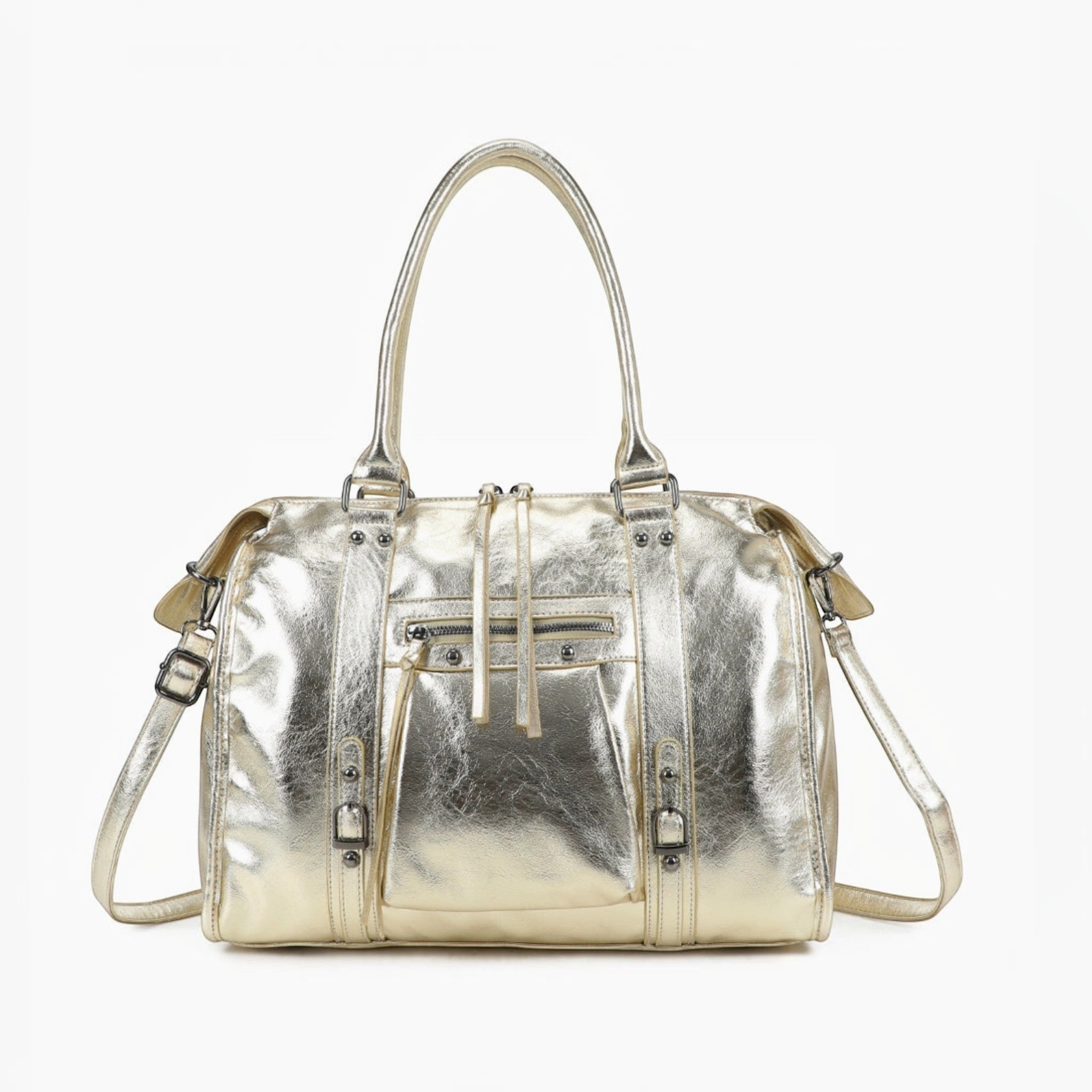 Sac de cours GALLANTRY doré en simili cuir métallisé, format A4 avec poches zippées et bandoulière amovible.
