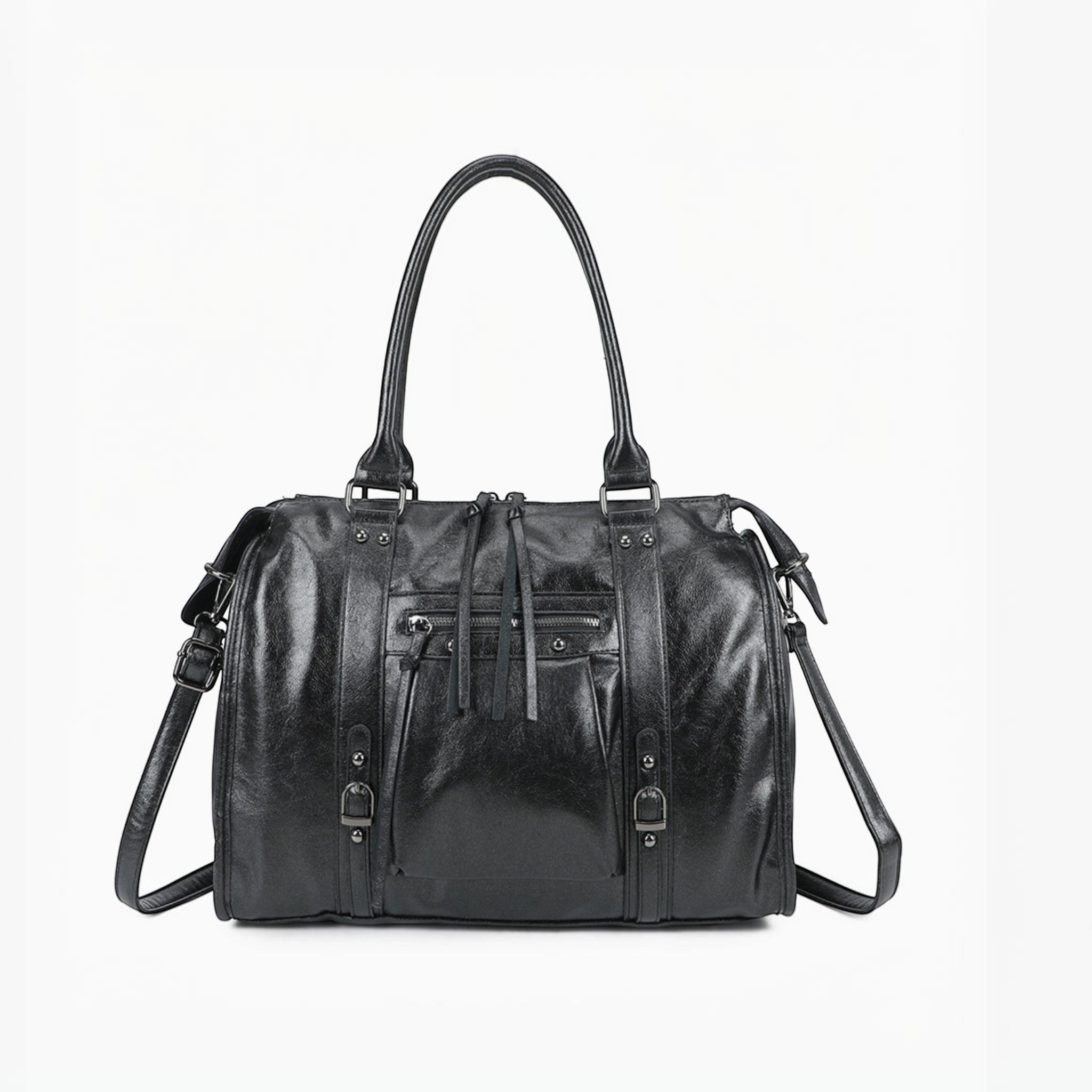 Sac de cours noir GALLANTRY en simili cuir brillant, format A4 avec poches zippées et bandoulière amovible.
