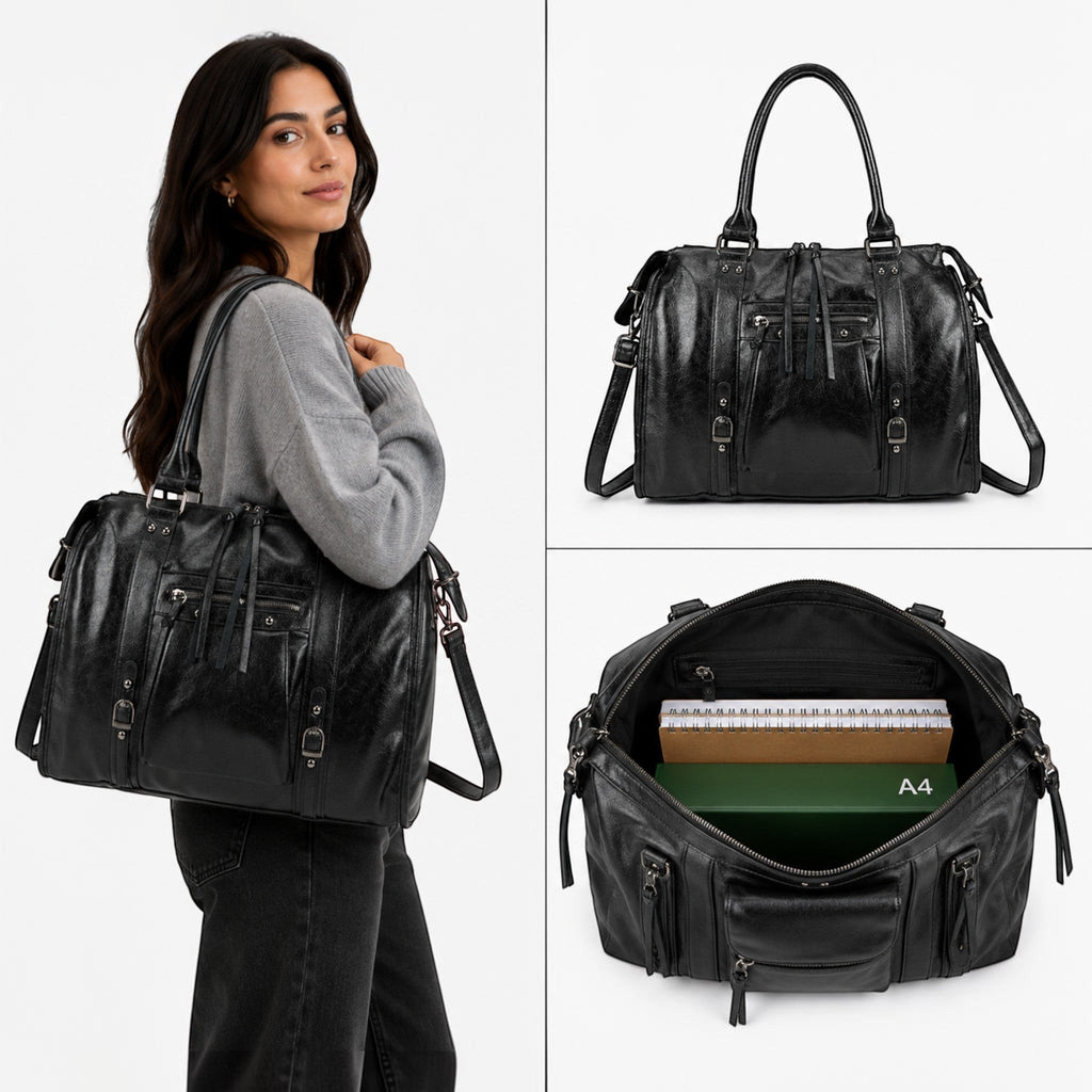 Sac de cours noir GALLANTRY en simili cuir brillant avec poches zippées, format A4 spacieux pour femme