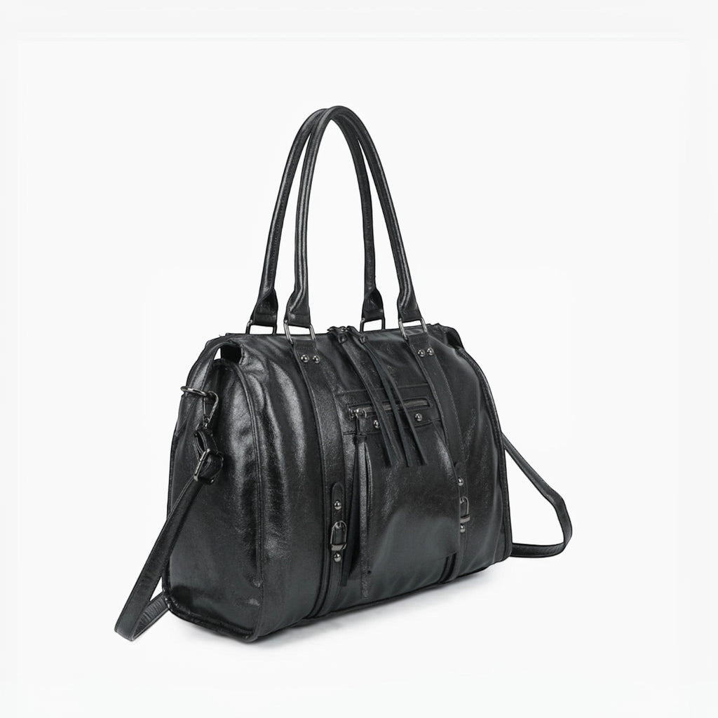 Sac de cours noir GALLANTRY en simili cuir brillant, format A4 avec bandoulière et poches zippées.