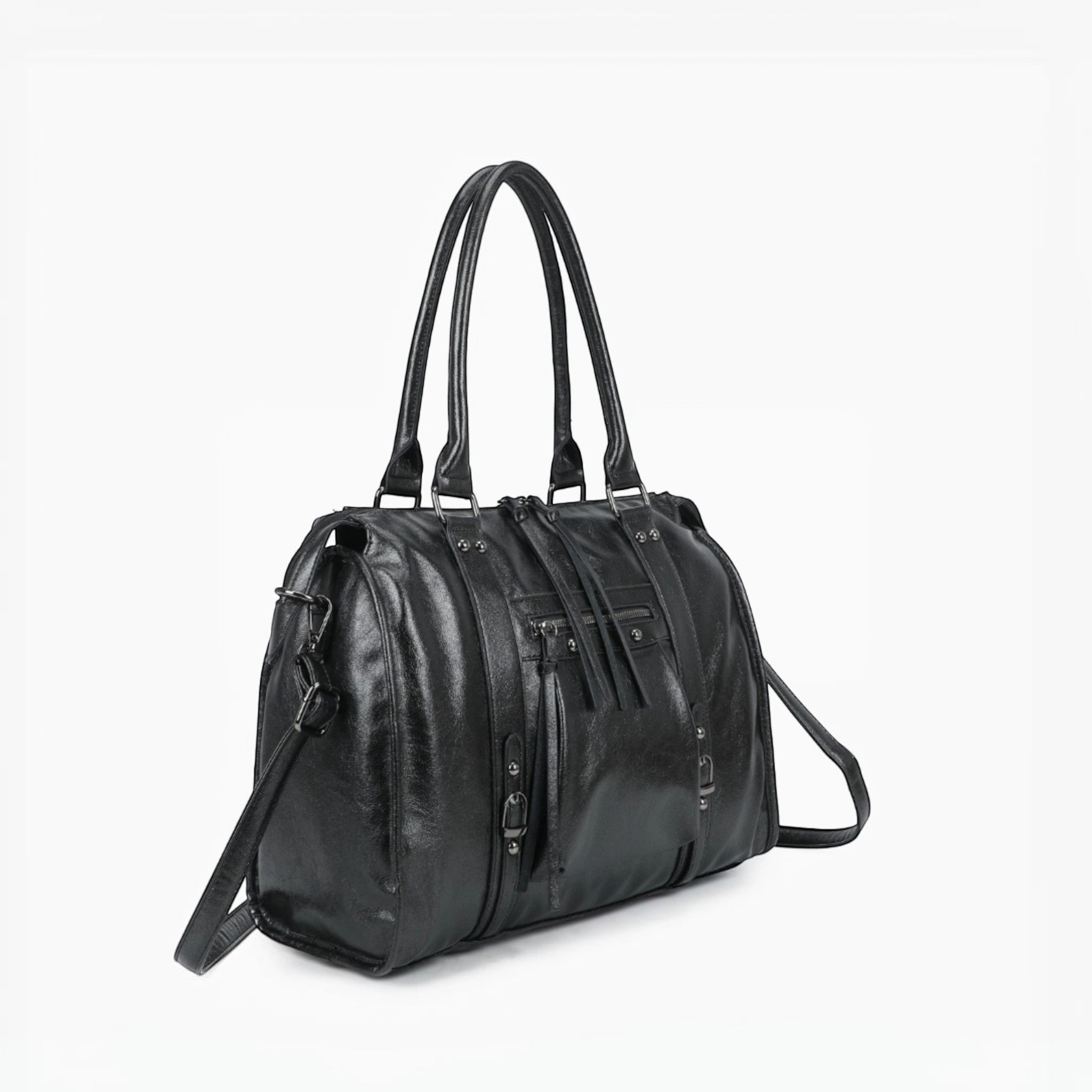 Sac de cours noir GALLANTRY en simili cuir brillant, format A4 avec bandoulière et poches zippées.