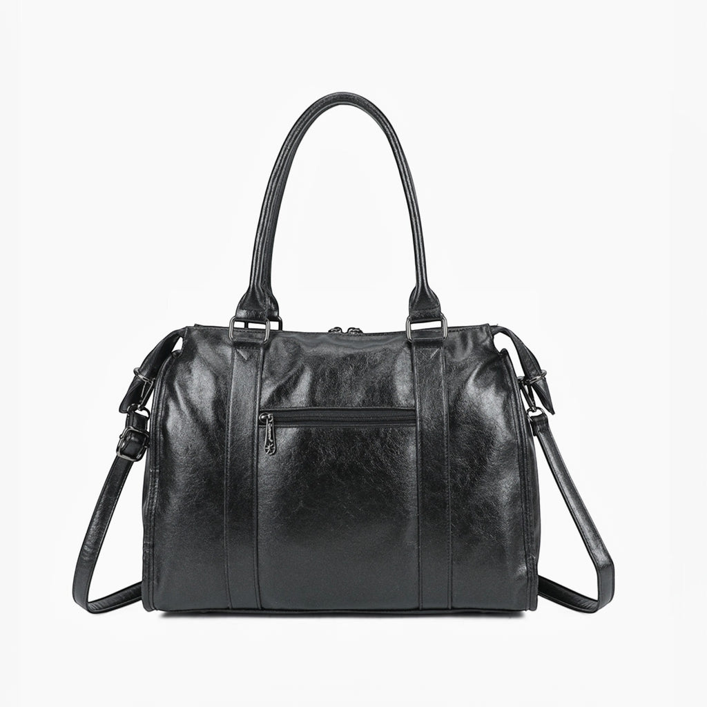 Sac de cours noir GALLANTRY en simili cuir brillant, format A4 avec bandoulière et poches zippées.