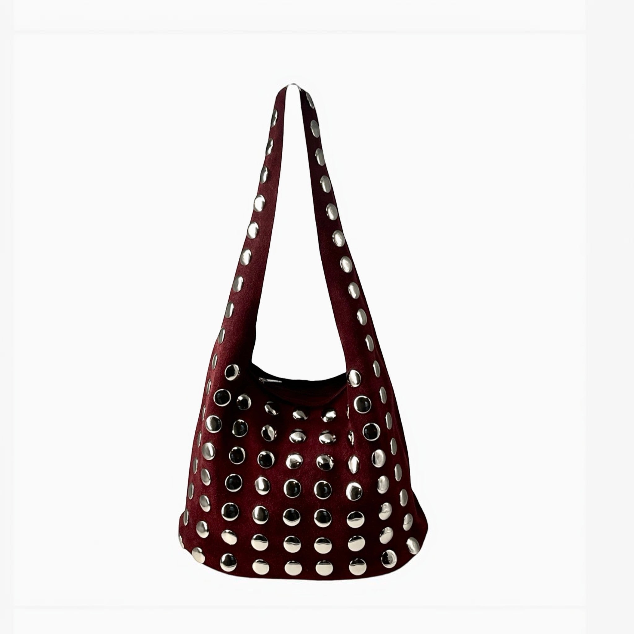 Sac  LOUISA LEE Élodie en suède bordeaux avec œillets métalliques argentés style rock-chic fabriqué en Italie