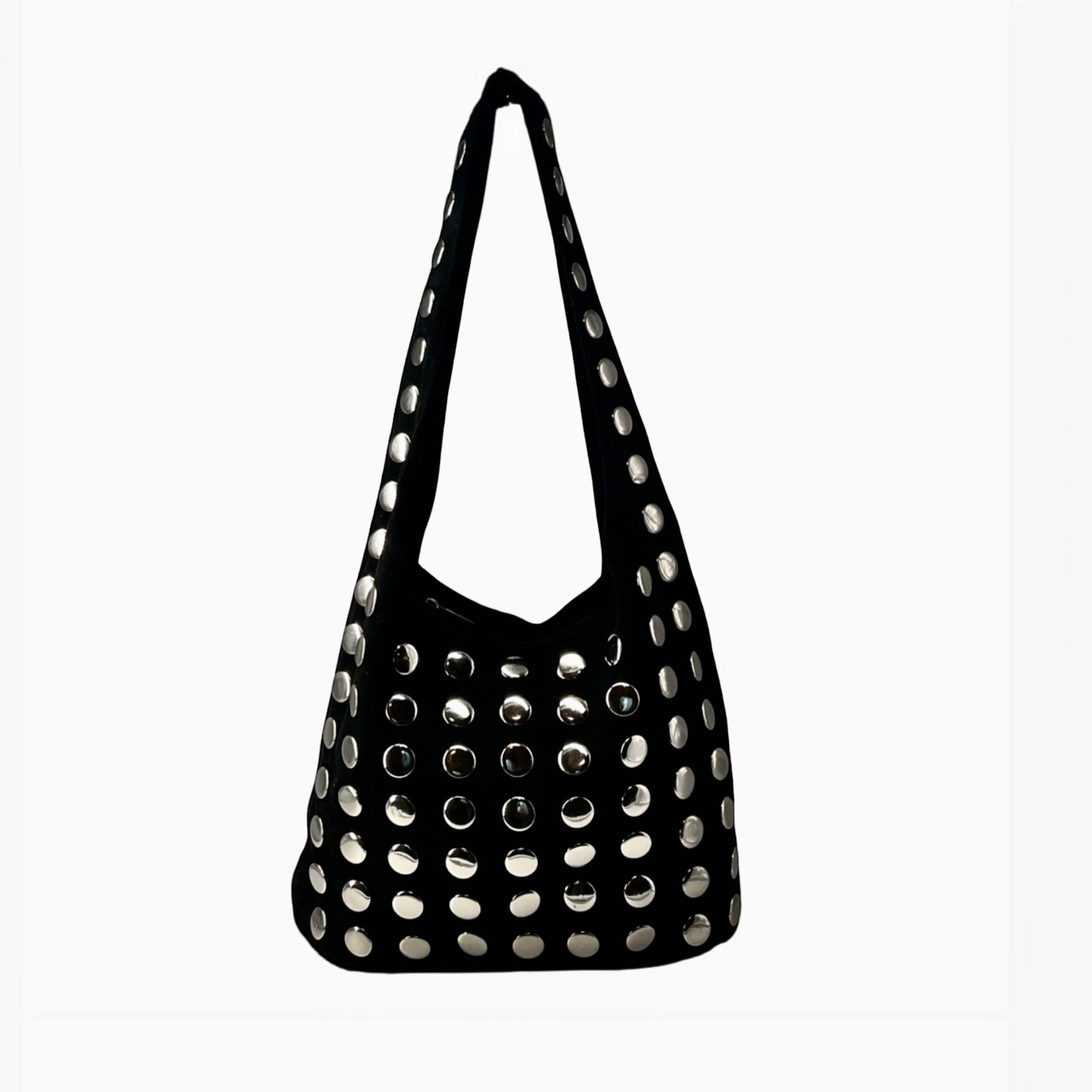 Sac LOUISA LEE Élodie en suède noir avec œillets métalliques argentés, style rock-chic fait main en Italie.