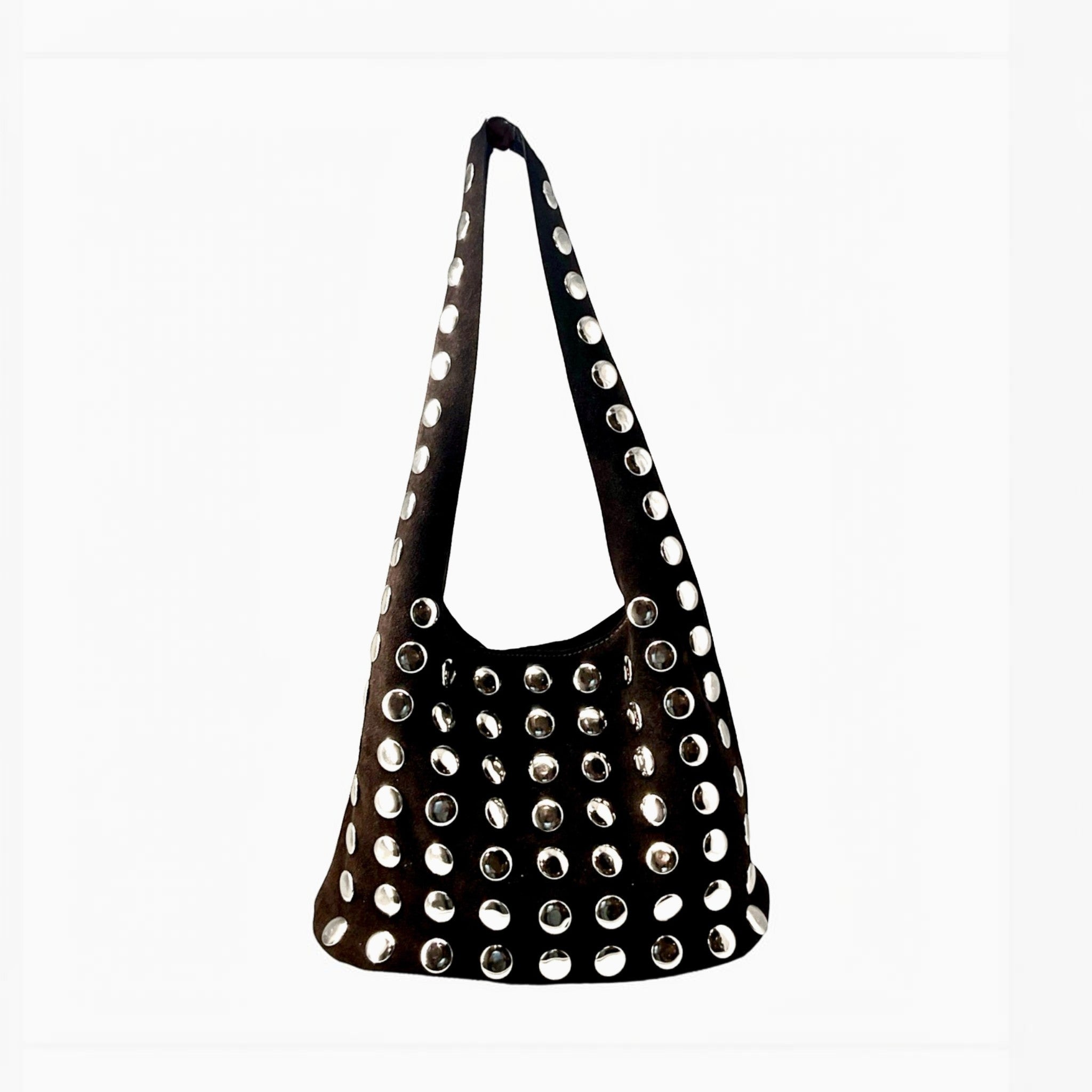 Sac LOUISA LEE Élodie en suède noir avec œillets métalliques argentés, style rock-chic fabriqué en Italie.
