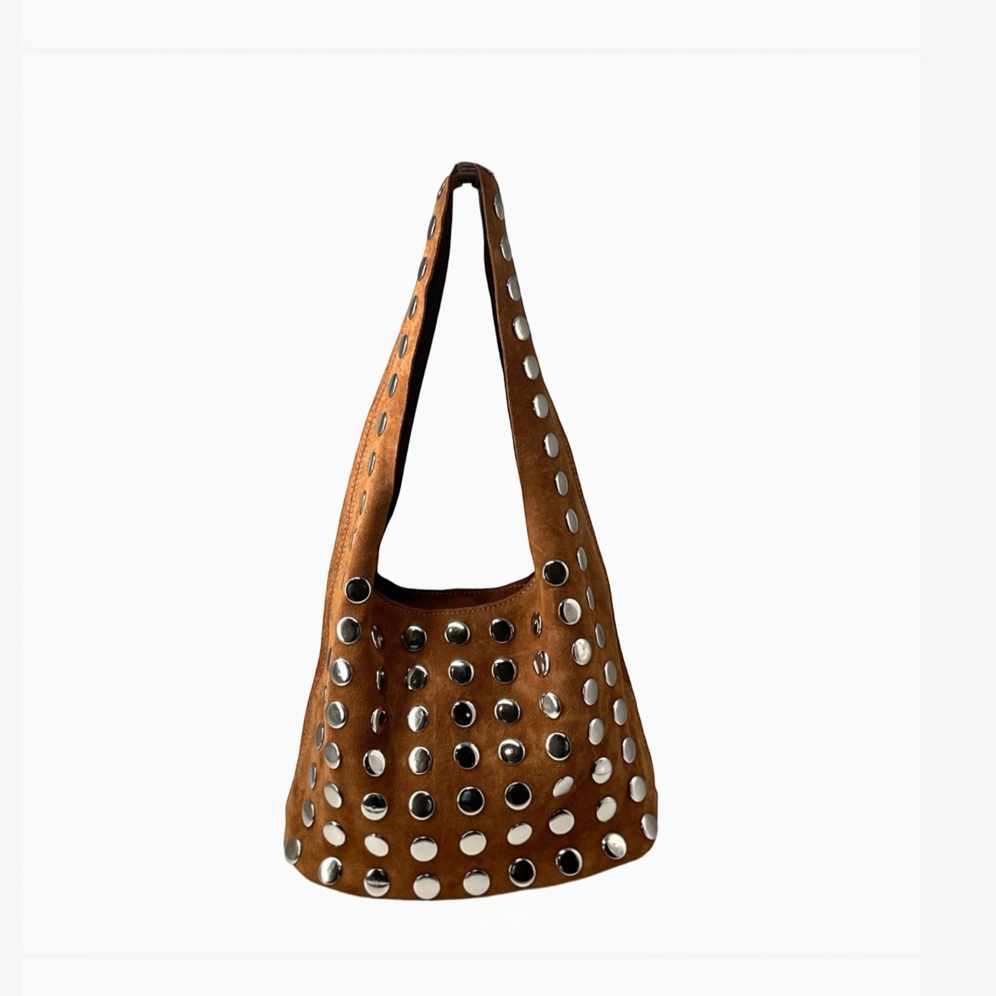 Sac LOUISA LEE Élodie en suède marron avec œillets métalliques argentés style rock-chic fabriqué en Italie