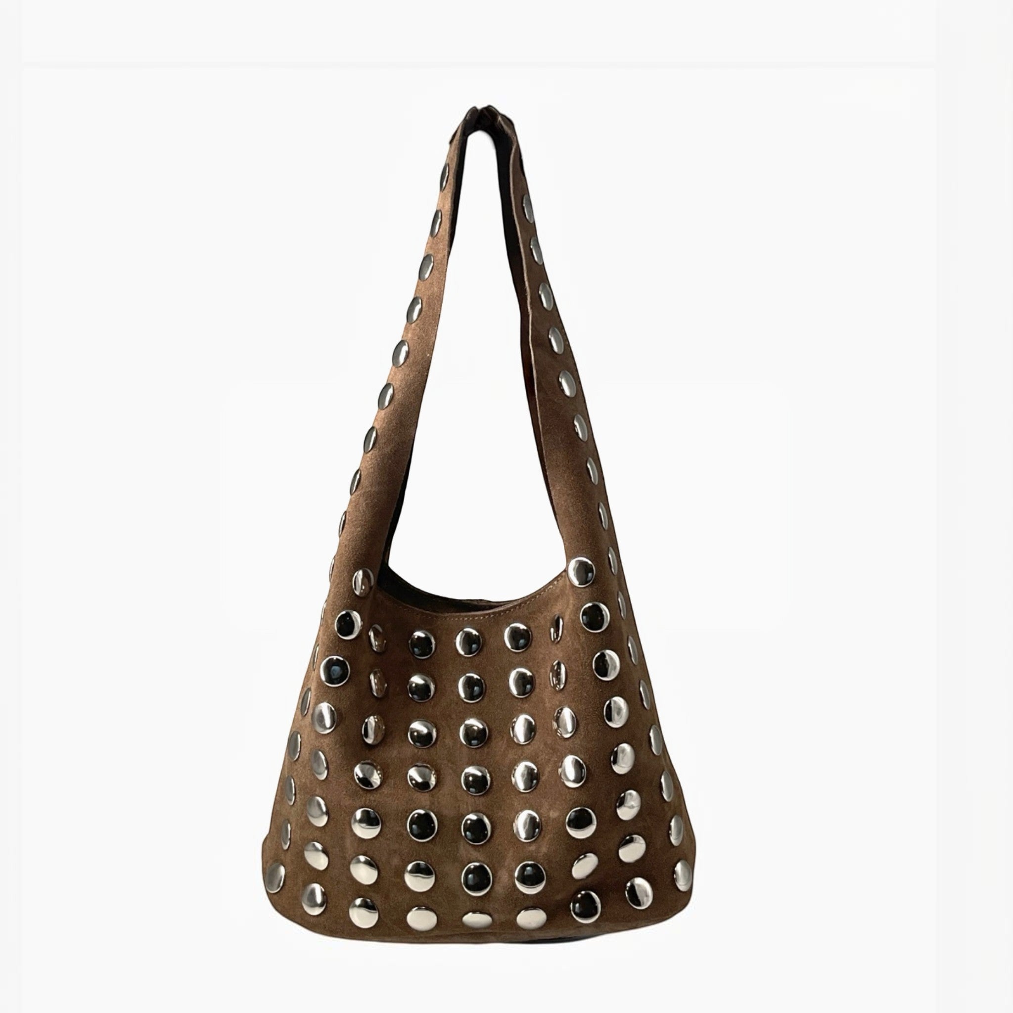Sac  LOUISA LEE modèle Élodie en suède marron avec œillets métalliques argentés style rock-chic