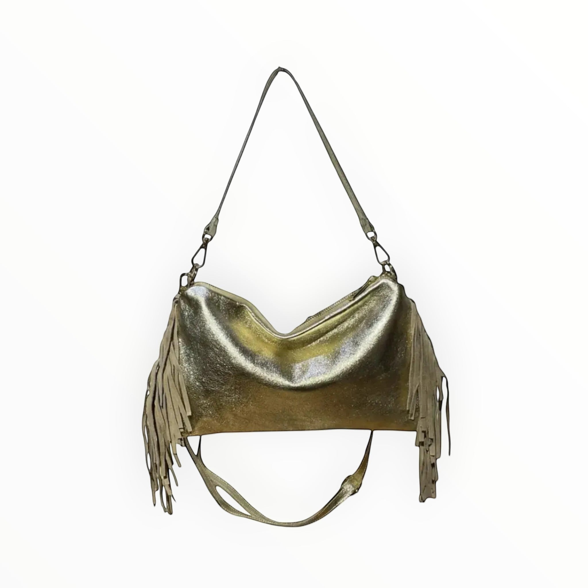 Sac bandoulière LOUISA LEE en cuir doré irisé avec franges, fabrication italienne.